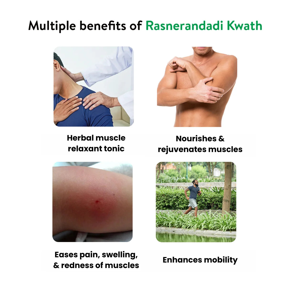 Banner titled "Multiple benefits of Rasnerandadi Kwath," illustrating how it acts as a herbal muscle relaxant tonic, nourishes & rejuvenates muscles, eases pain, swelling, & redness of muscles, and enhances mobility. – Kerala Ayurveda India