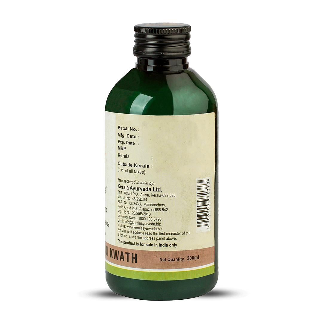 Back view of the dark green glass bottle of Kerala Ayurveda Rasnasapthakam Kwath, displaying the net quantity of 200ml, manufacturing details, customer care information, and a barcode. – Kerala Ayurveda India