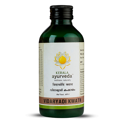 Green glass bottle of Kerala Ayurveda Vidaryadi Kwath tonic showing the front label with lotus logo and bilingual product name – Kerala Ayurveda India