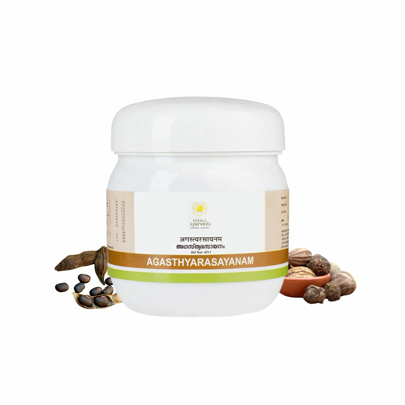 Front-facing product shot of the white Agasthyarasayanam jar with olive-green band, flanked by cardamom pods and dried myrobalan fruits – Kerala Ayurveda India