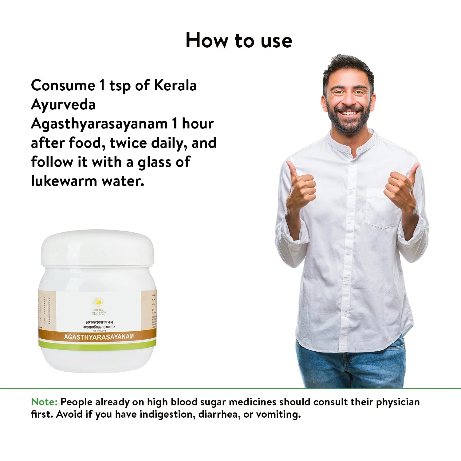 “How to use” poster featuring a smiling man giving thumbs-up, dosage directions (1 tsp twice daily after food with lukewarm water), and a small Agasthyarasayanam jar inset – Kerala Ayurveda India
