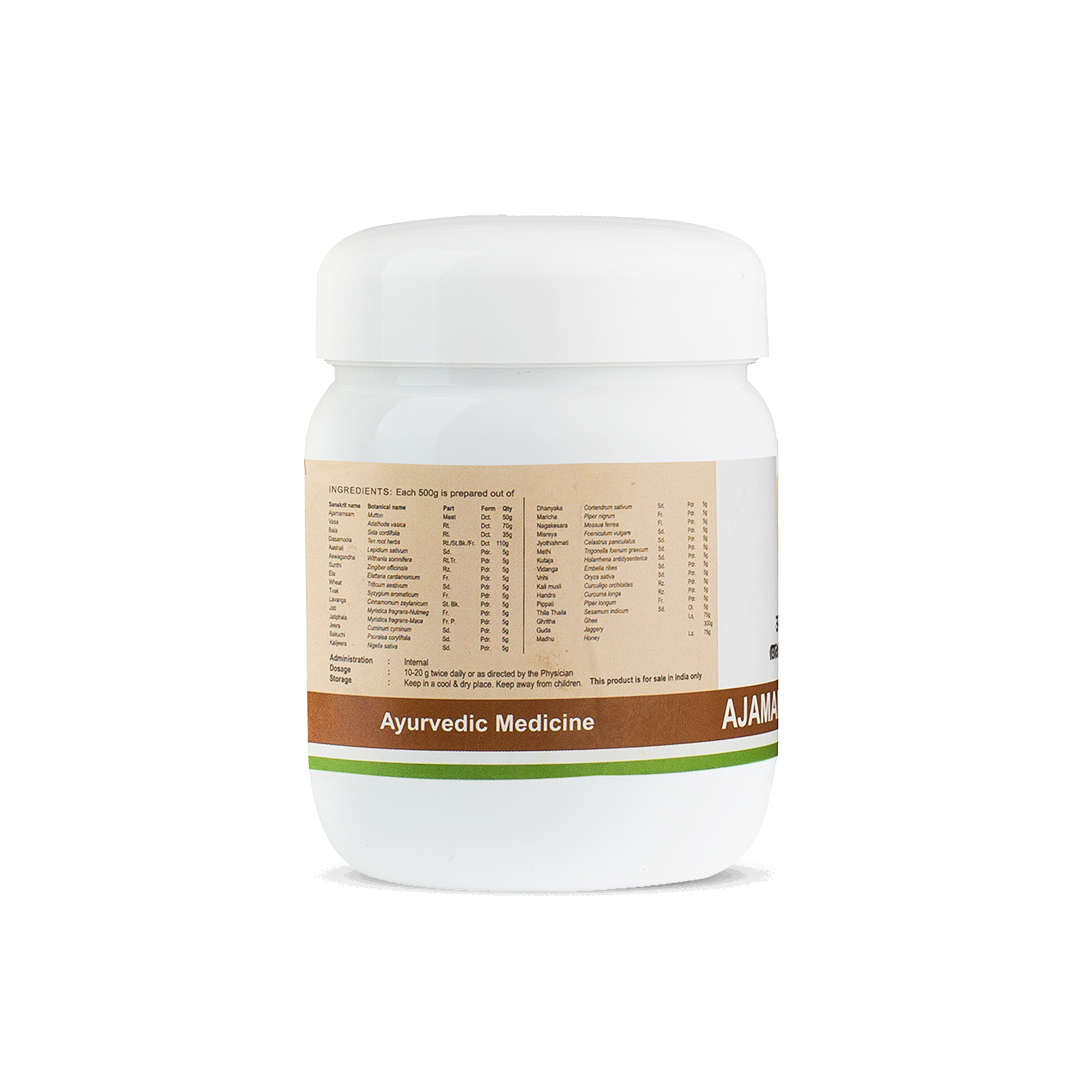 Side view of the Kerala Ayurveda Ajamamsa Rasayanam jar, showing the detailed ingredients list, administration, dosage, and storage instructions for the Ayurvedic medicine. – Kerala Ayurveda India