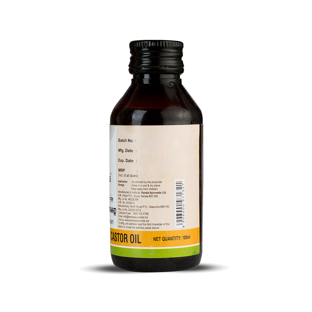 Back view of the dark brown glass bottle of Kerala Ayurveda Gandharvahastadi Castor Oil, displaying the net quantity of 100 ml, manufacturing details, customer care information, and a barcode. – Kerala Ayurveda India