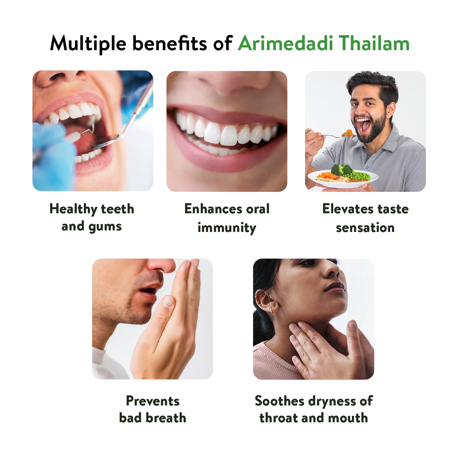 Banner highlighting "Multiple benefits of Arimedadi Thailam," illustrating how it promotes healthy teeth and gums, enhances oral immunity, elevates taste sensation, prevents bad breath, and soothes dryness of throat and mouth. – Kerala Ayurveda India