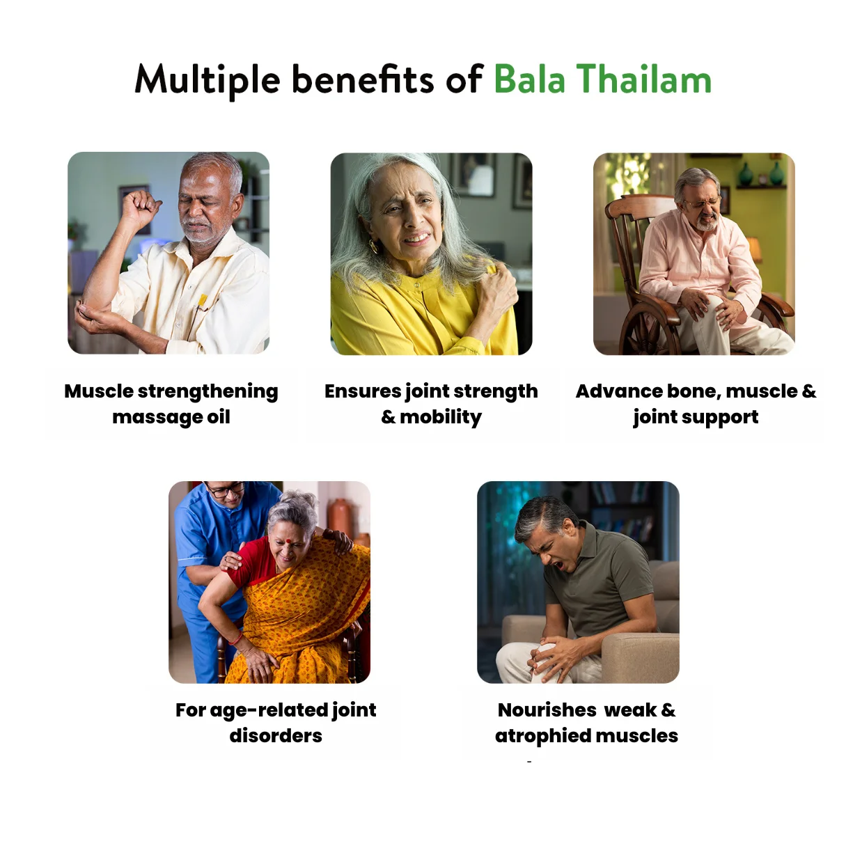 Banner highlighting "Multiple benefits of Bala Thailam," including muscle strengthening, ensuring joint strength & mobility, advanced bone support, for age-related joint disorders, and nourishing weak muscles. – Kerala Ayurveda India