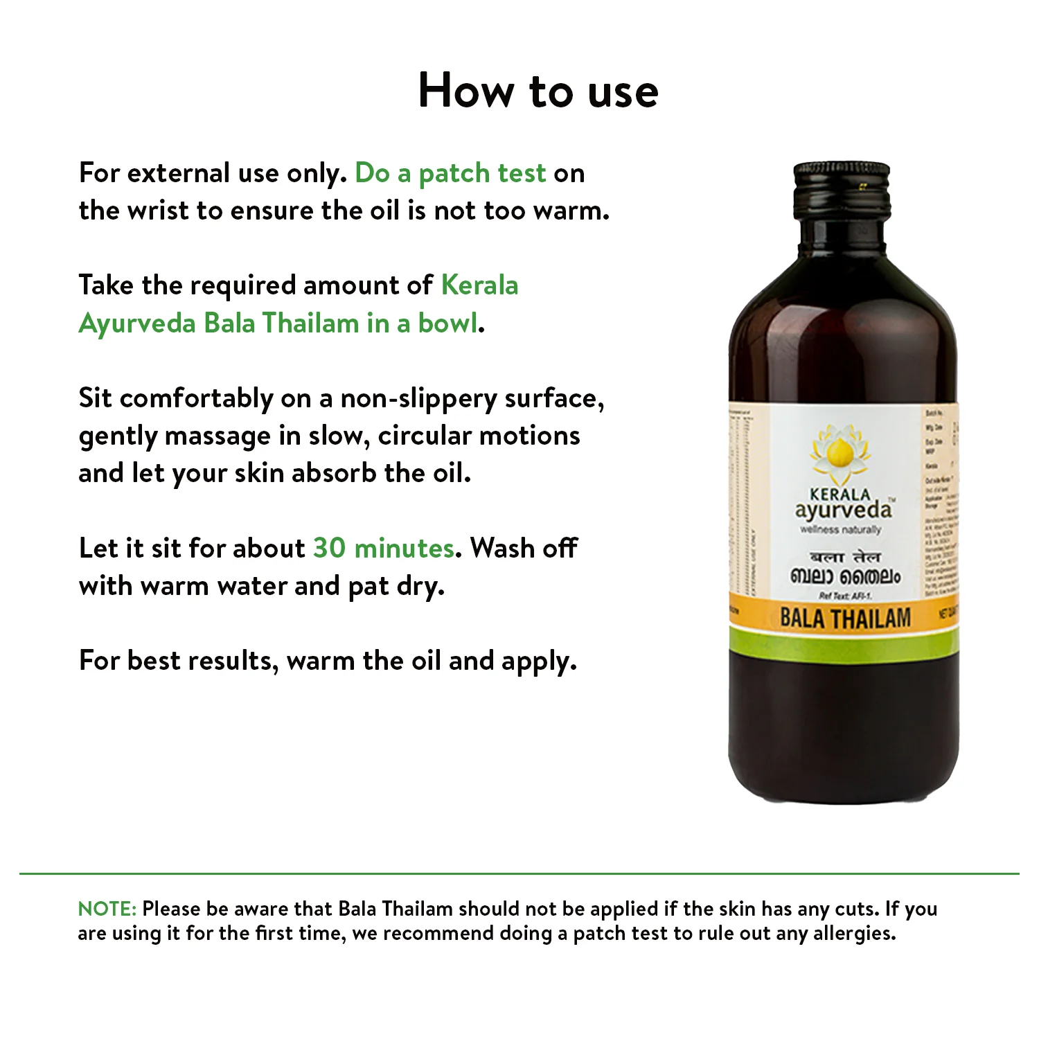 Banner titled "How to use" Bala Thailam, providing external application instructions for massage, warm oil application, and a patch test, along with warnings against applying on cuts. – Kerala Ayurveda India