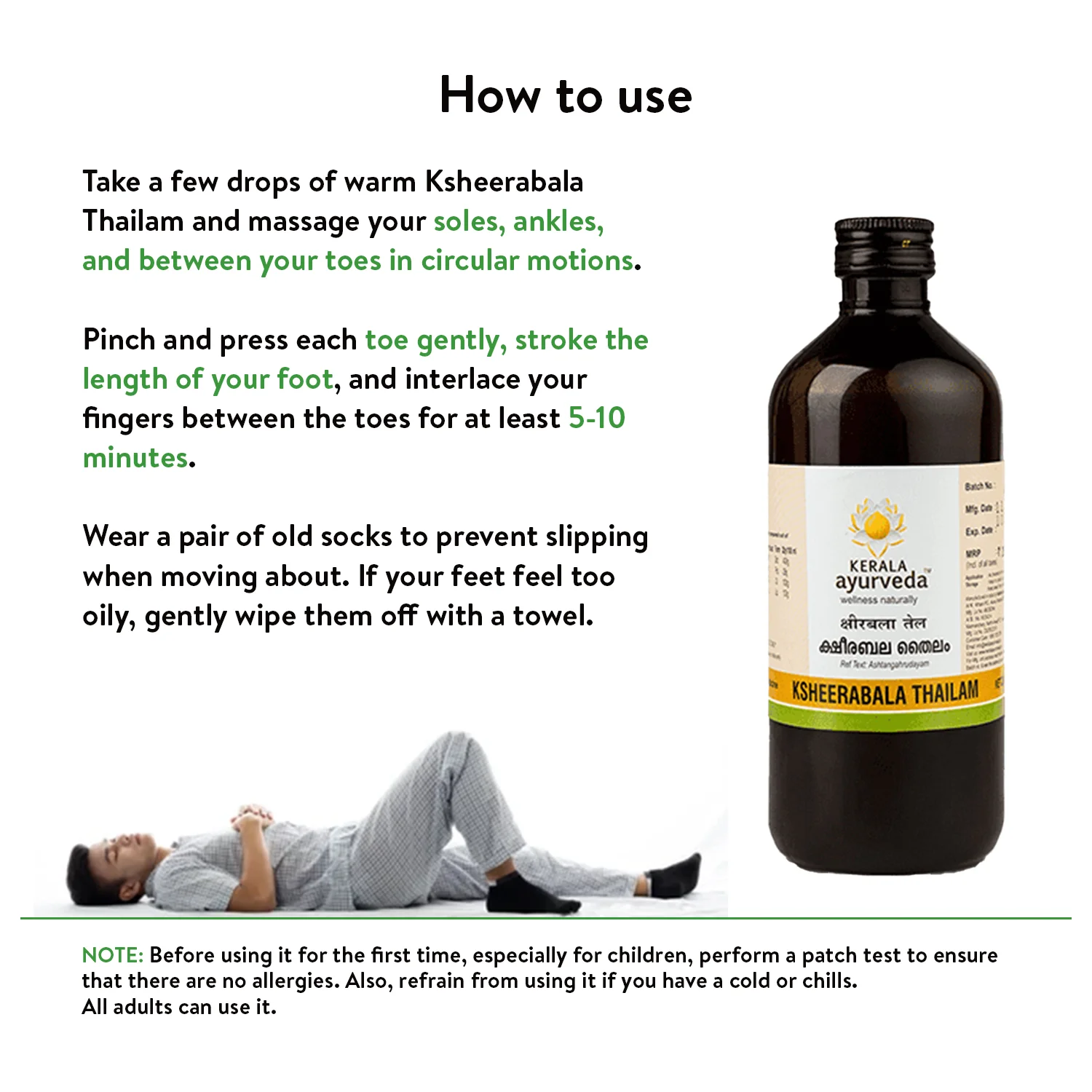 Banner titled "How to use" Ksheerabala Thailam, providing instructions for foot massage, including amount, technique, and wearing socks to prevent slipping. It also includes a note about patch testing. – Kerala Ayurveda India