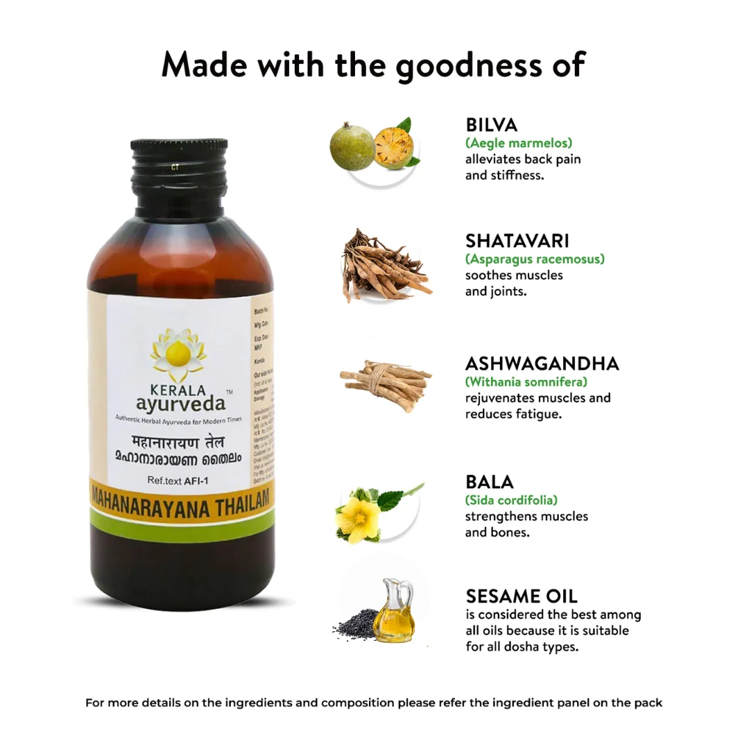 Banner titled "Made with the goodness of" Mahanarayana Thailam, showcasing key ingredients like Bilva, Shatavari, Ashwagandha, Bala, and Sesame Oil, with their benefits for back pain, stiffness, muscle soothing, and fatigue reduction. – Kerala Ayurveda India