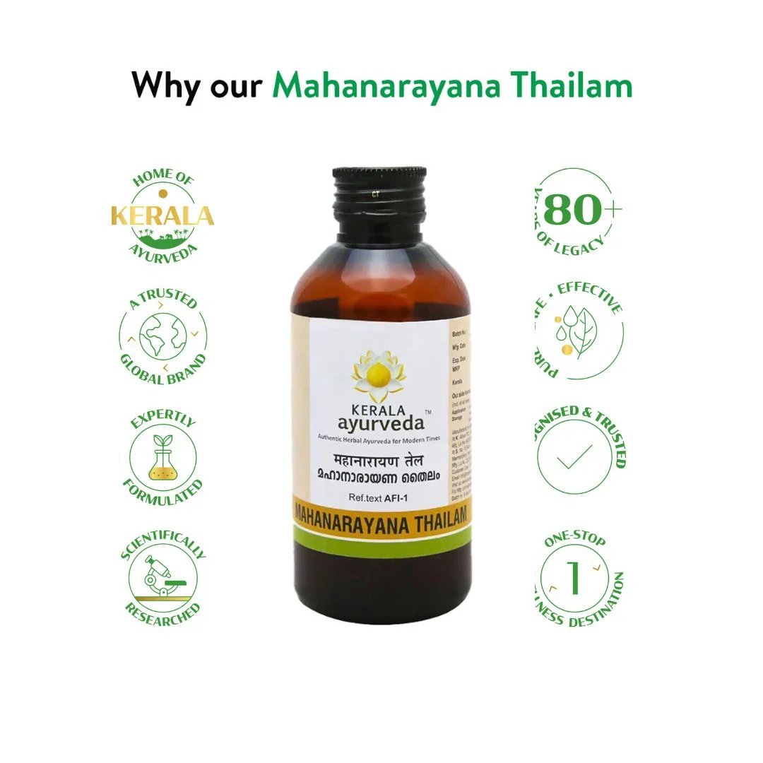 Banner titled "Why our Mahanarayana Thailam," emphasizing Kerala Ayurveda's 80+ years of legacy, global brand trust, expert formulation, and scientific research. – Kerala Ayurveda India
