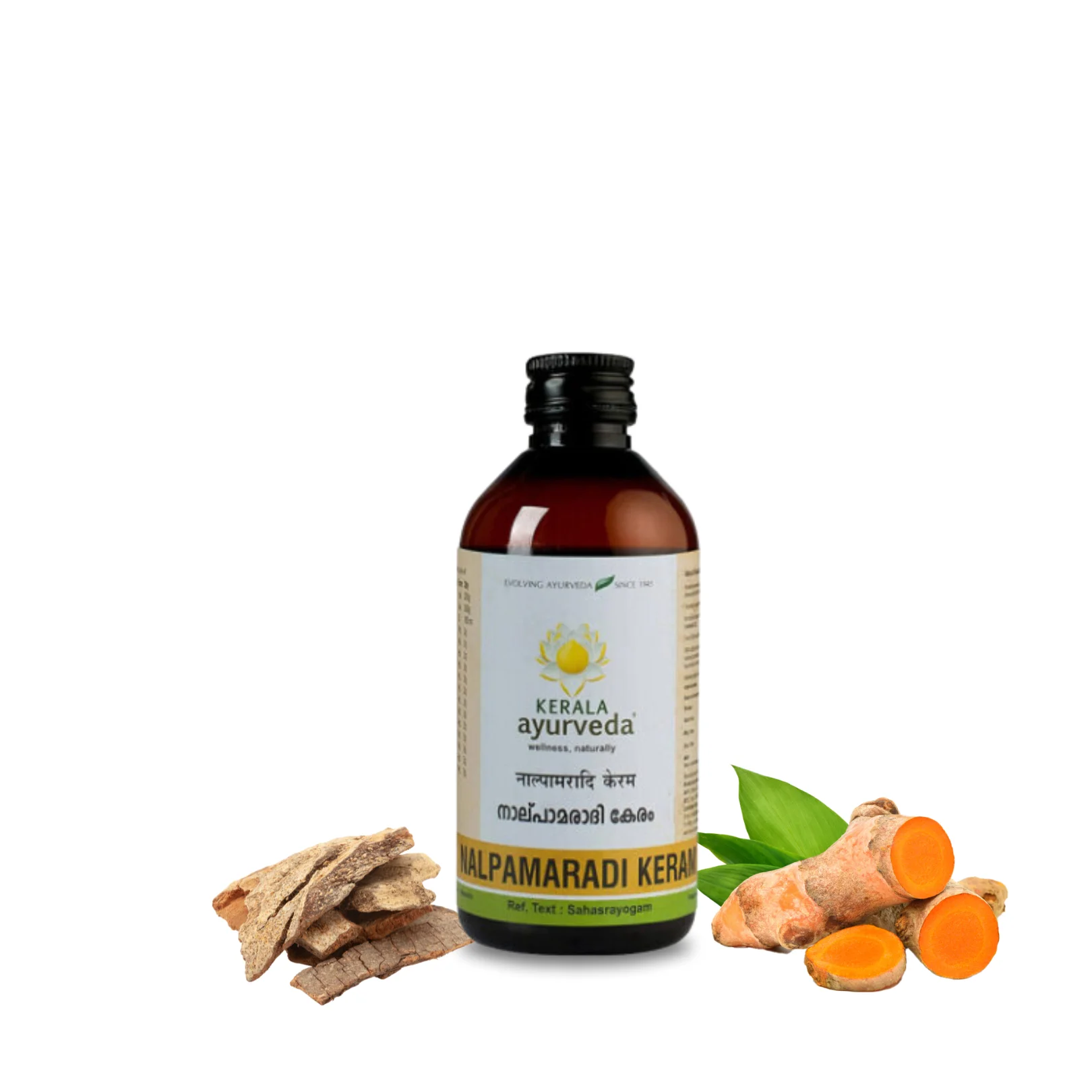 Nalpamaradi Keram 100 ml Ayurvedic skin-brightening oil bottle with turmeric roots and nalpamara bark at the base – Kerala Ayurveda India