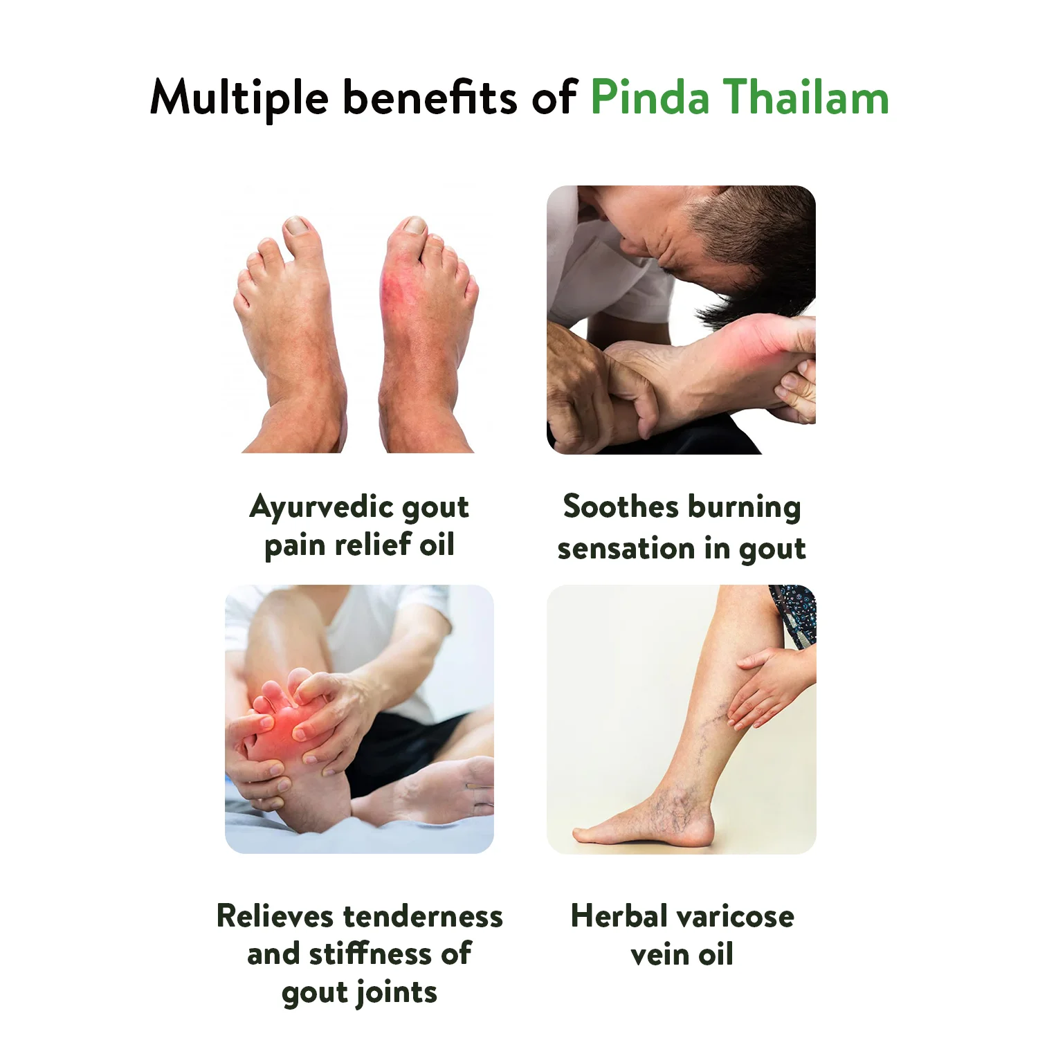 Four-tile benefits grid illustrating gout pain relief, cooling comfort, reduced joint stiffness and varicose-vein care from Kerala Ayurveda Pinda Thailam – Kerala Ayurveda India