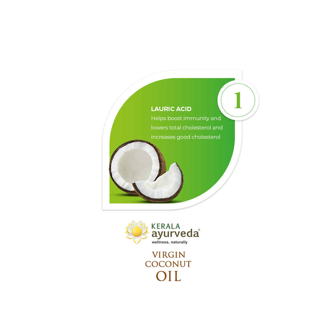 Banner illustrating the key benefit of Virgin Coconut Oil, highlighting "LAURIC ACID" found in coconuts that boosts immunity, lowers total cholesterol, and increases good cholesterol. – Kerala Ayurveda India
