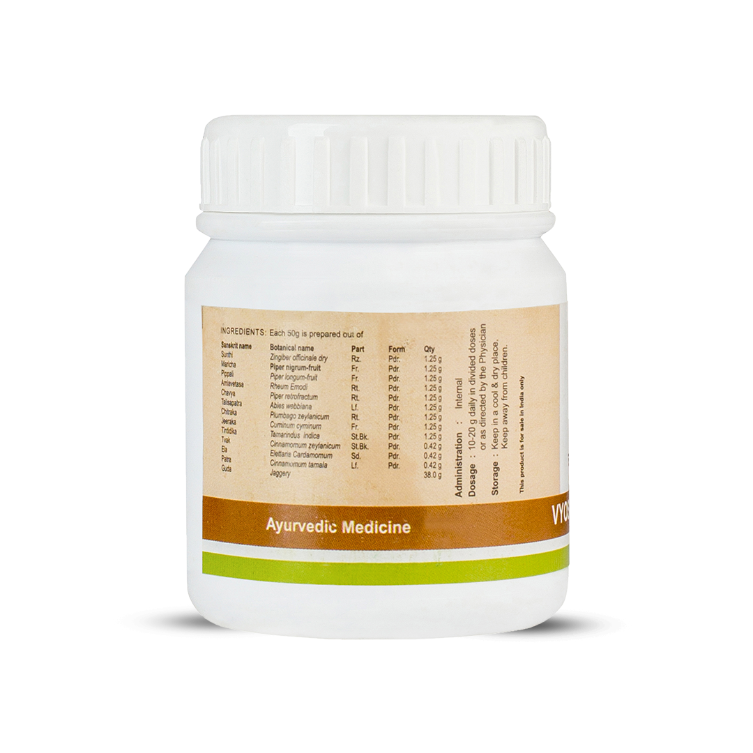 Side label of the jar listing Sanskrit and botanical ingredients, parts used and dosage instructions above a brown strip marked “Ayurvedic Medicine.”