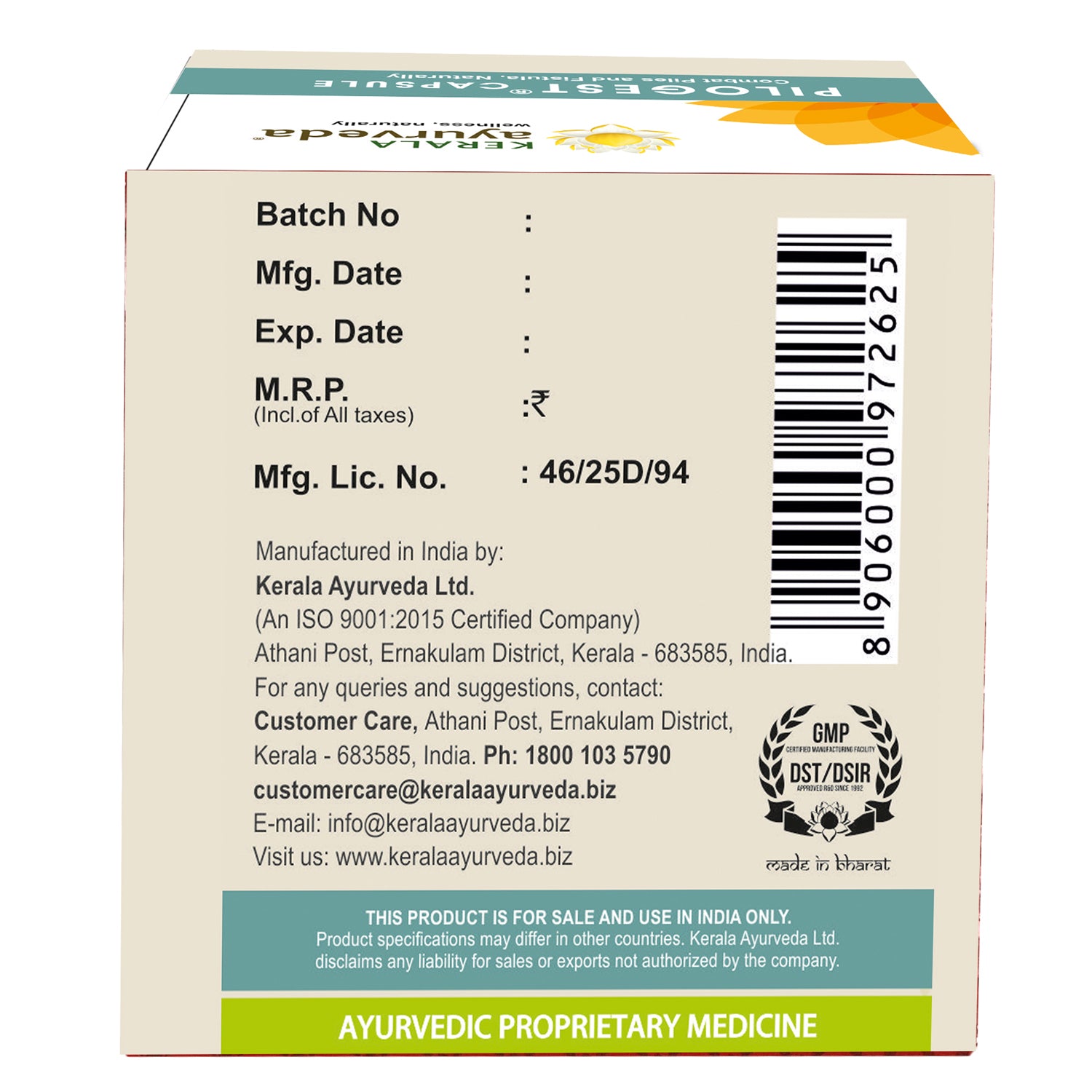 Back view of the Kerala Ayurveda Pilogest Capsule box, showing net quantity 100 capsules, manufacturing details by Kerala Ayurveda Ltd., customer care contact, and a barcode. – Kerala Ayurveda India
