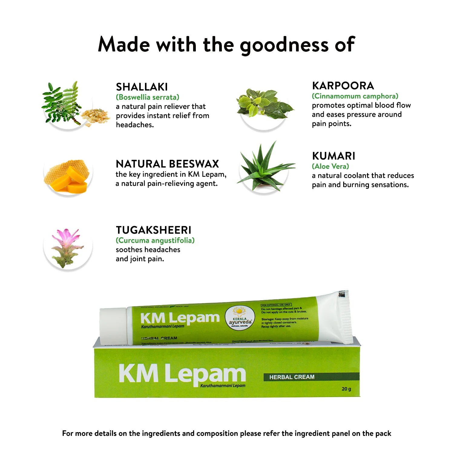 Banner showcasing KM Lepam ingredients like beeswax, shallaki, aloe vera, karpoora, and tugaksheeri – Kerala Ayurveda India