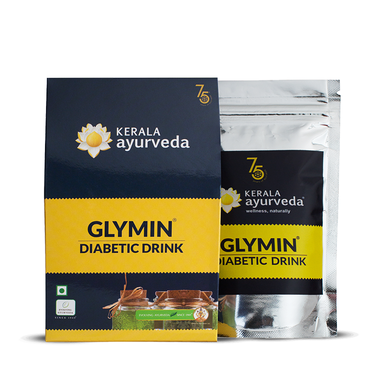 The Kerala Ayurveda Glymin Diabetic Drink product, with its main box and an inner pouch visible, both featuring the brand logo and product name. A "75" logo for 75 years is also on the packaging. – Kerala Ayurveda India