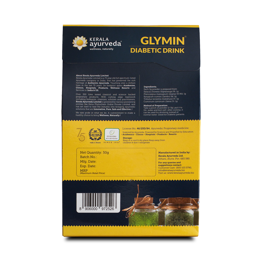 Back view of the Kerala Ayurveda Glymin Diabetic Drink box, displaying detailed information about Kerala Ayurveda Limited, Net Quantity (50g), manufacturing details, customer care contacts, and a barcode. It also includes ingredients and preparation method. – Kerala Ayurveda India