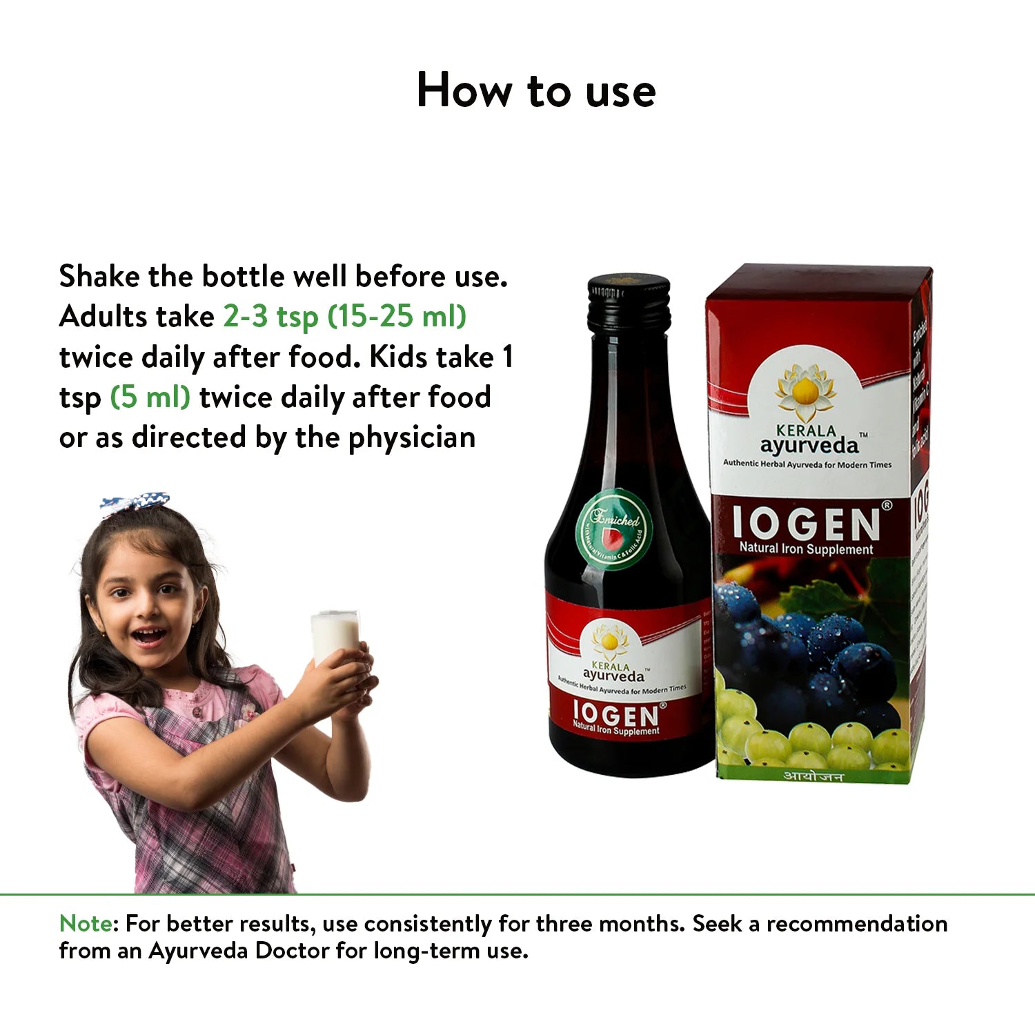 Banner titled "How to use" Iogen Syrup, showing a child holding a glass of milk with the syrup bottle and box. It provides dosage instructions for adults and kids, emphasizing consistent use. – Kerala Ayurveda India