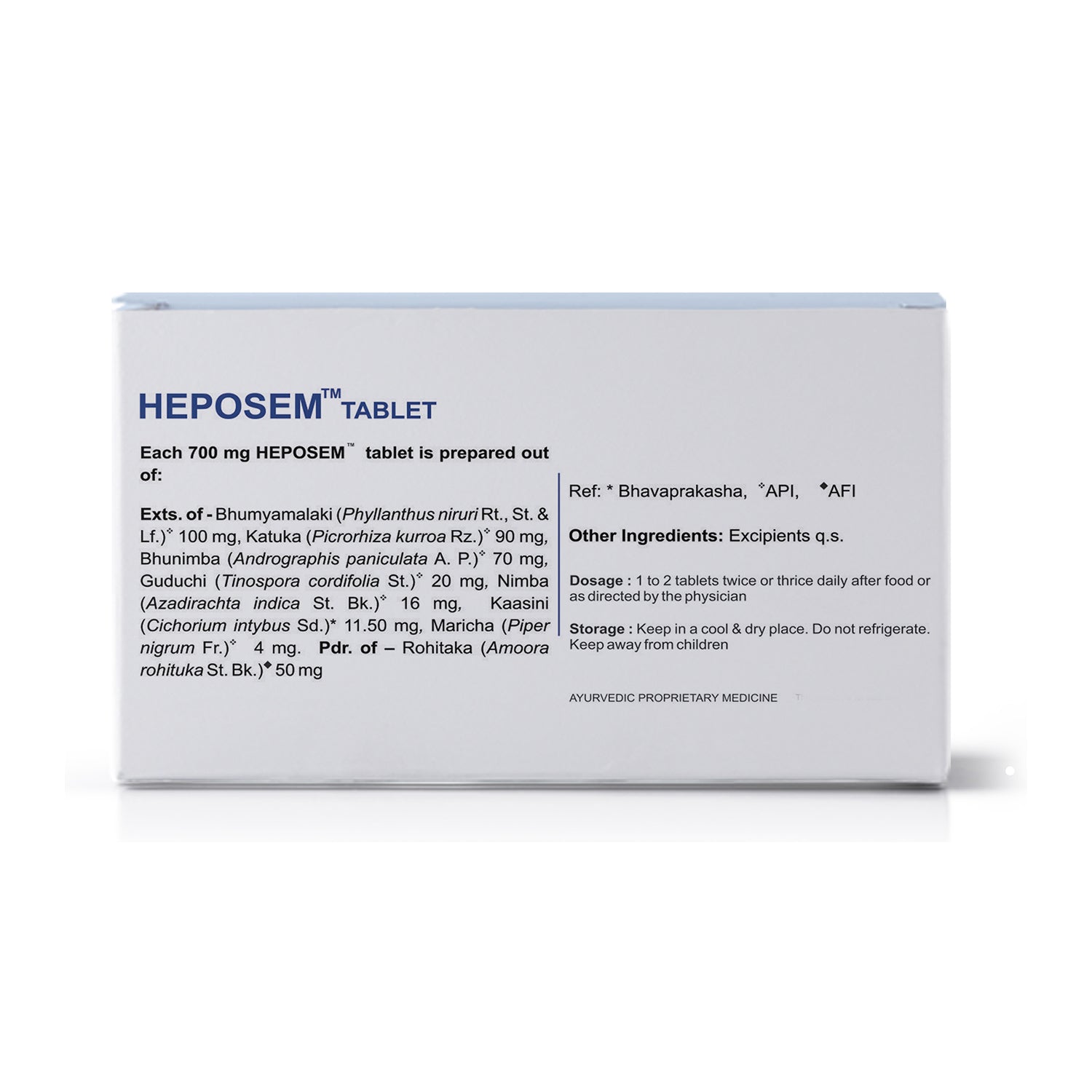Side view of the Kerala Ayurveda Heposem Tablet box, detailing the ingredients per 700 mg tablet including Bhumyamalaki, Katuka, and Guduchi. Dosage and storage instructions are also visible. – Kerala Ayurveda India