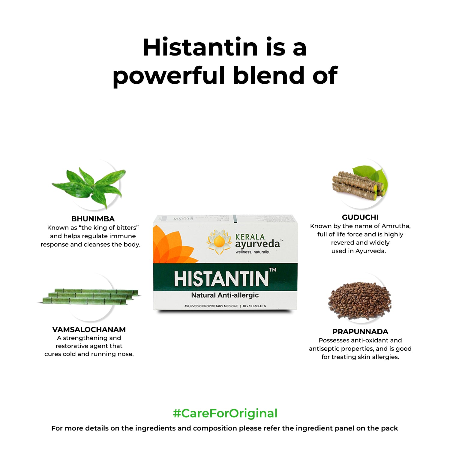 Ingredient spotlight image featuring Bhunimba, Guduchi, Vamsalochanam and Prapunnada arranged around the central Histantin™ carton, captioned “powerful blend” – Kerala Ayurveda India