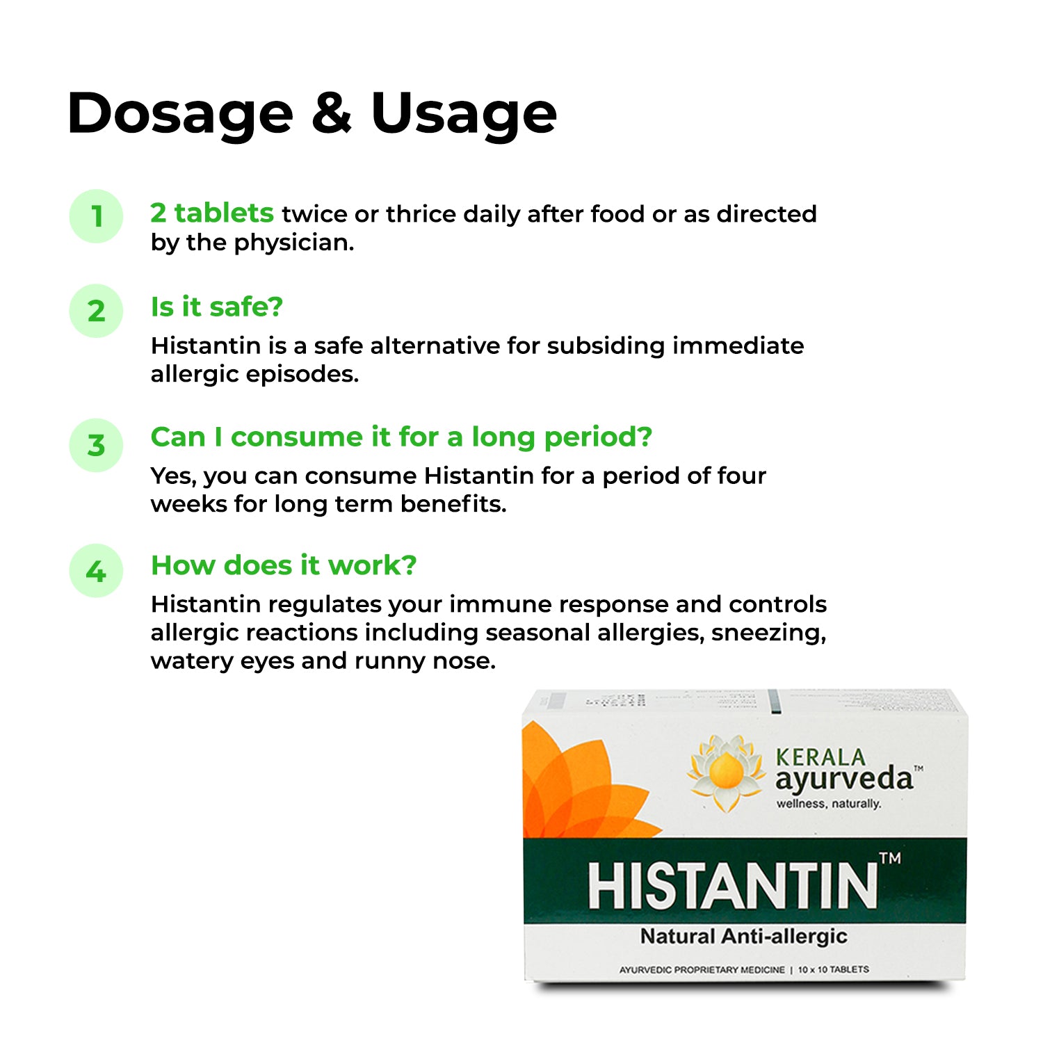 “Dosage & Usage” infographic listing two tablets after food, four-week safety guidance, and immune-regulating action, alongside a pack of Histantin™ Natural Anti-allergic tablets – Kerala Ayurveda India