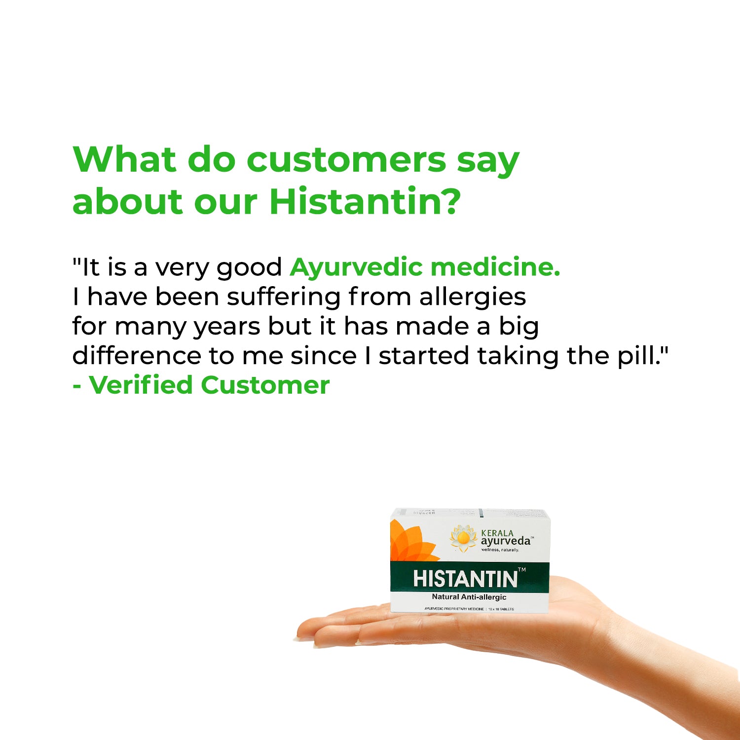 Graphic with a verified-customer testimonial praising Histantin™ Ayurvedic anti-allergic tablets for long-standing allergy relief, with the product carton balanced on an open hand – Kerala Ayurveda India