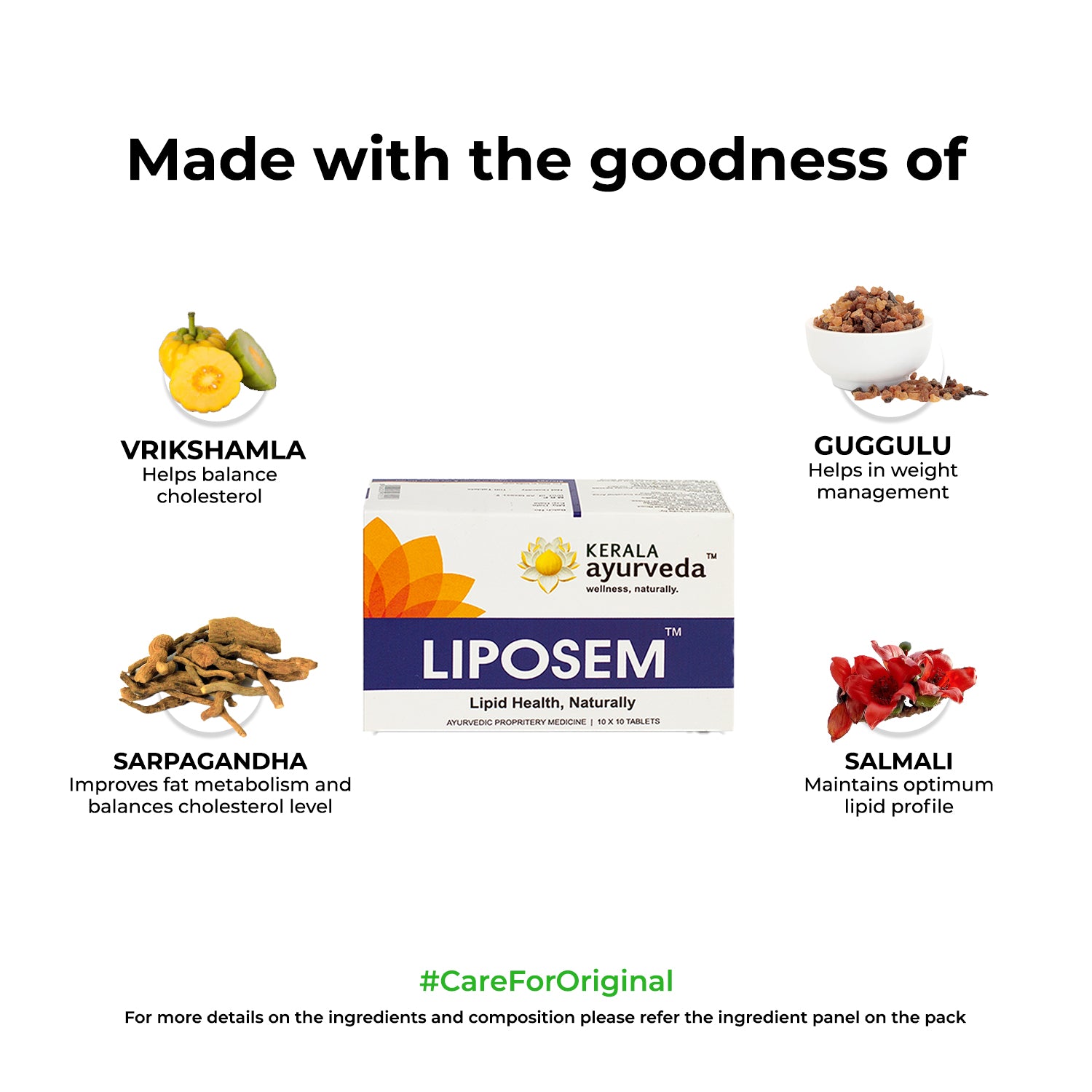 Ingredient infographic featuring vrikshamla, guggulu, sarpagandha and salmali around the Liposem pack, emphasising their role in balancing cholesterol in this lipid care formula – Kerala Ayurveda India