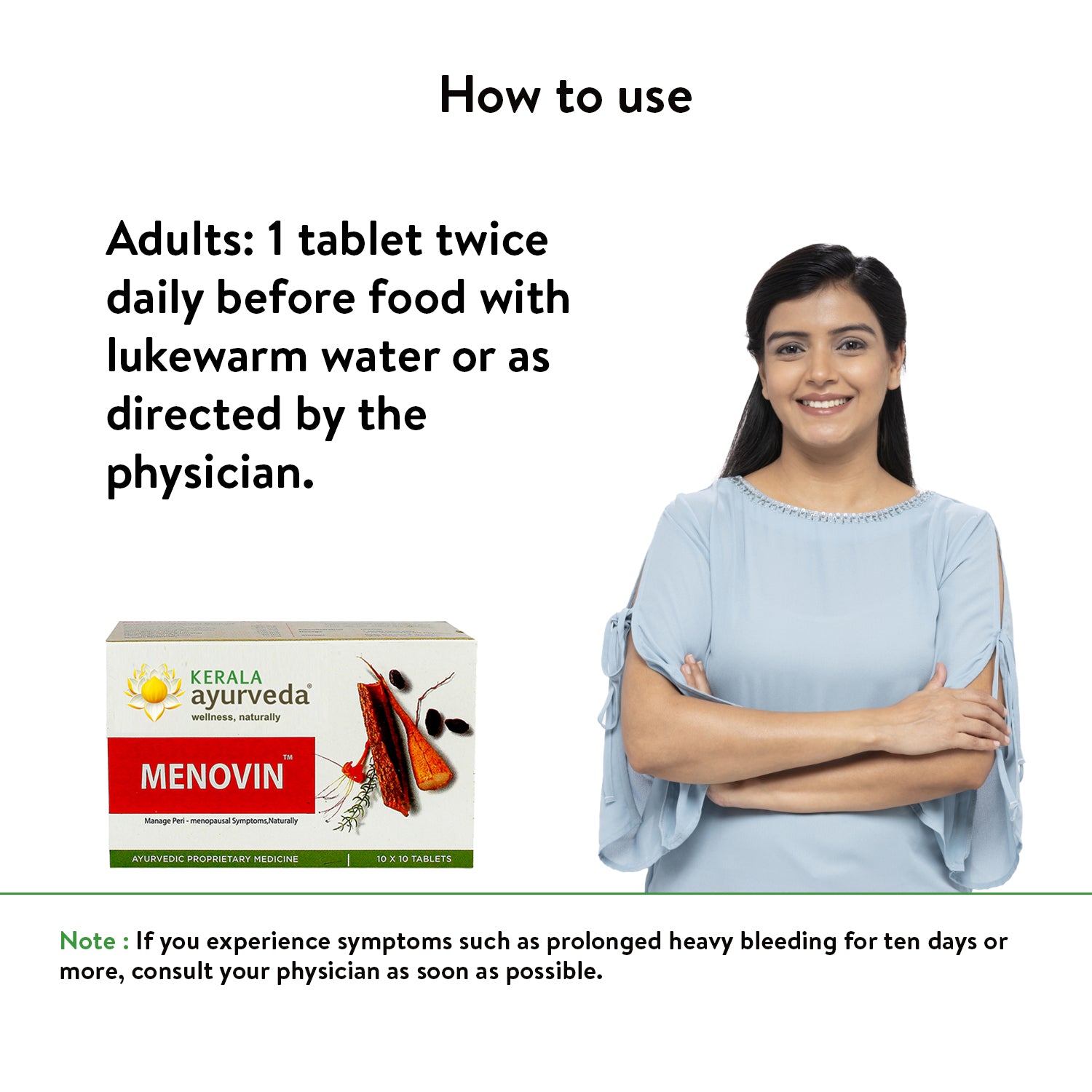 Banner titled "How to use" Menovin Tablet, providing dosage instructions for adults (1 tablet twice daily before food with lukewarm water), featuring a smiling woman and the product box. – Kerala Ayurveda India