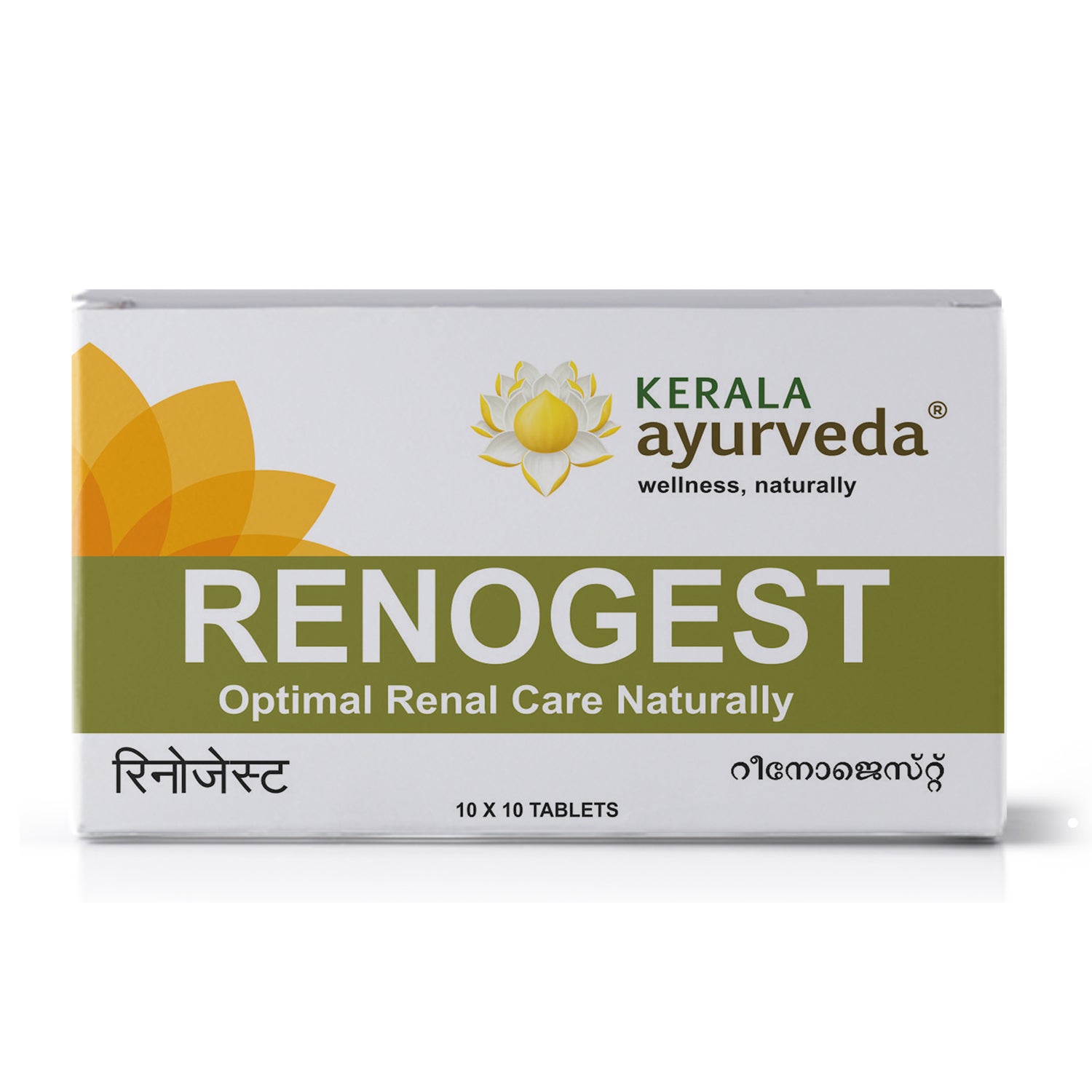 Front view of the Kerala Ayurveda Renogest Tablet box, with a white, orange, and green design. It prominently displays "RENOGEST Optimal Renal Care Naturally" in English and regional scripts, with "10 X 10 TABLETS". – Kerala Ayurveda India