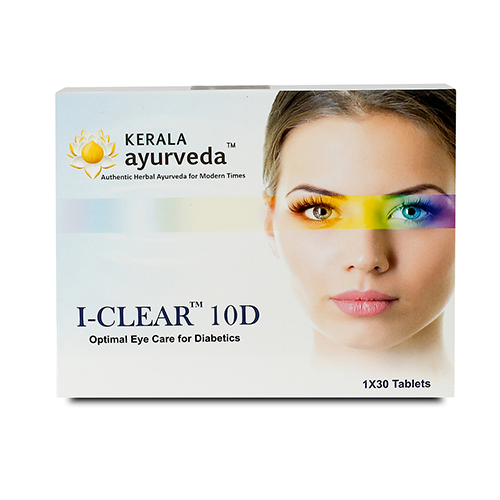 Front view of the Kerala Ayurveda I-Clear 10D Tablets box, featuring a woman's face with rainbow-colored eyes and the text "Optimal Eye Care for Diabetics", indicating "1X30 Tablets". – Kerala Ayurveda India