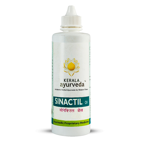Front view of a white plastic bottle of Kerala Ayurveda Sinactil Oil with a white dispenser cap. The label displays the product name "SINACTIL Oil" in English and Hindi, along with "Ayurvedic Proprietary Medicine." – Kerala Ayurveda India