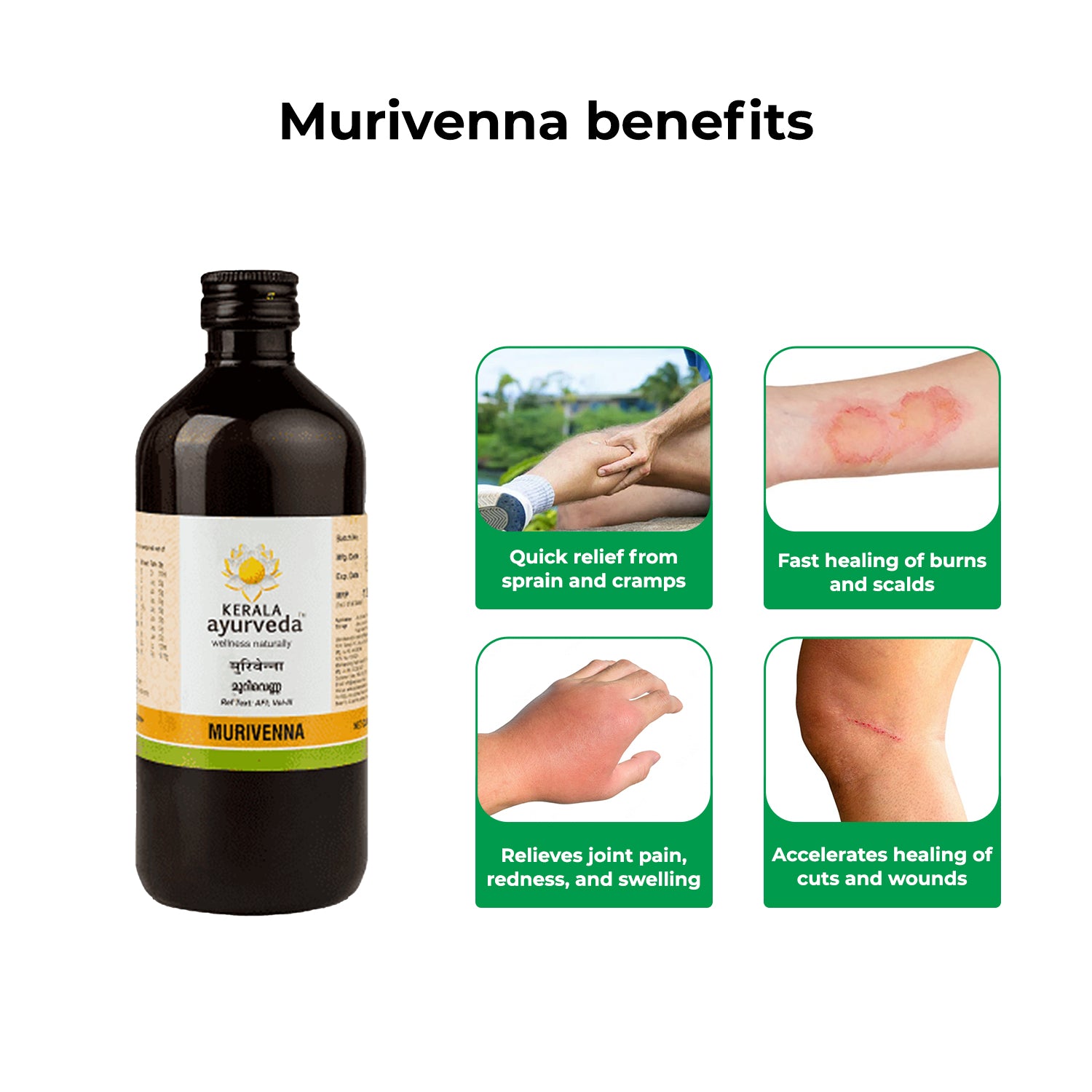 Banner highlighting "Murivenna benefits," with visuals illustrating quick relief from sprains, fast healing of burns, relief from joint pain, and accelerated healing of cuts and wounds from Murivenna Thailam. – Kerala Ayurveda India