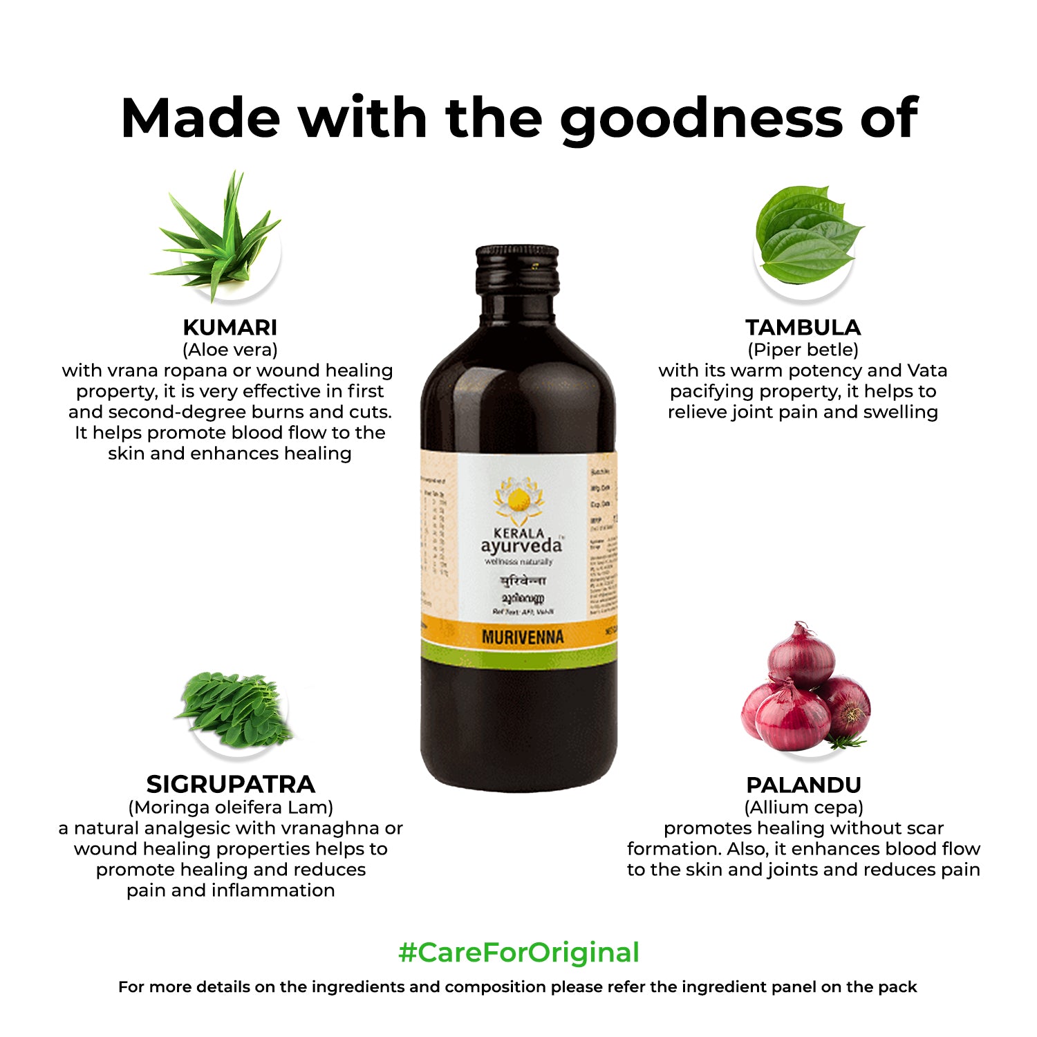 Banner titled "Made with the goodness of" Murivenna Thailam, showcasing key ingredients like Kumari (Aloe vera), Tambula (Piper betle), Sigrupatra (Moringa oleifera Lam), and Palandu (Allium cepa) with their healing properties. – Kerala Ayurveda India
