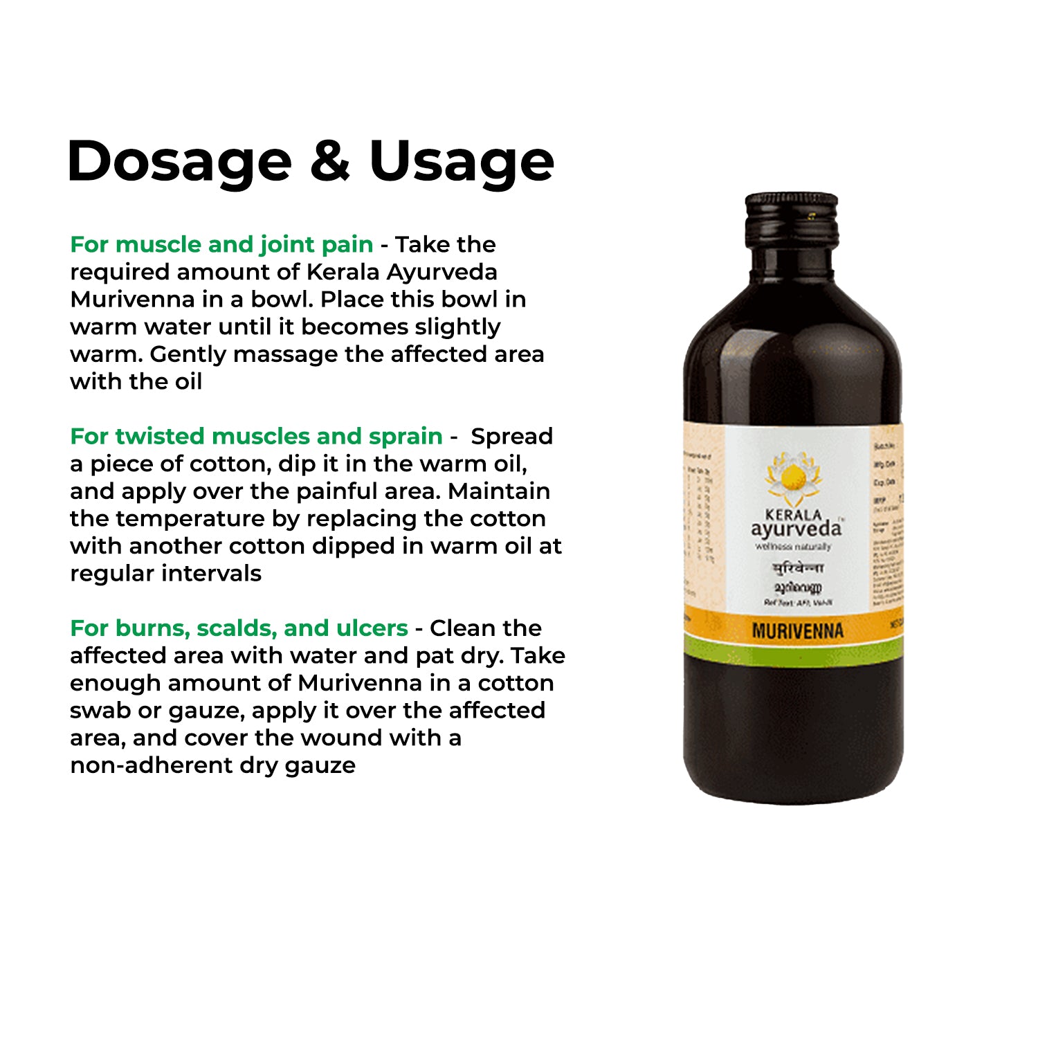 Banner detailing "Dosage & Usage" instructions for Murivenna Thailam for muscle pain, twisted muscles, sprains, burns, scalds, and ulcers, shown next to the product bottle. – Kerala Ayurveda India