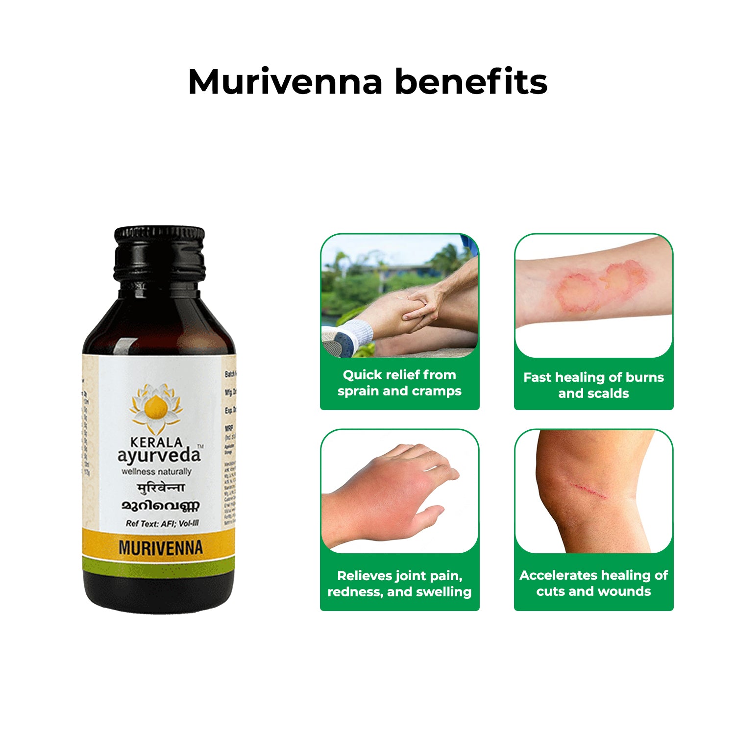 Banner highlighting "Murivenna benefits," showcasing quick relief from sprain and cramps, fast healing of burns and scalds, relief from joint pain, and accelerated healing of cuts and wounds from Murivenna Thailam. – Kerala Ayurveda India