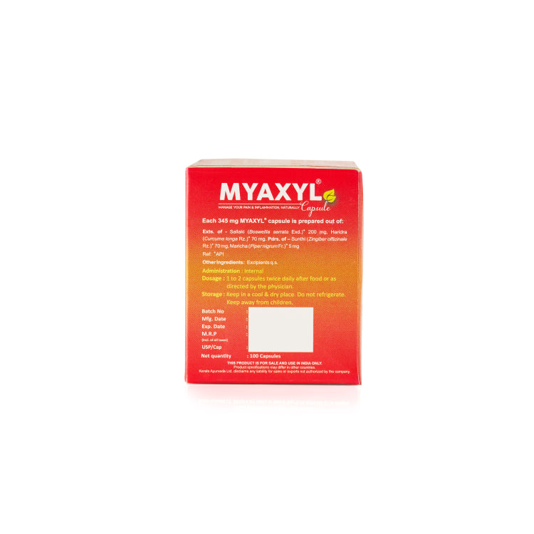 Back view of the Kerala Ayurveda Myaxyl Capsules box, detailing ingredients like Salai Guggulu, Haridra, and Sunthi. It also shows dosage (1 capsule twice daily), storage, and manufacturing information. – Kerala Ayurveda India