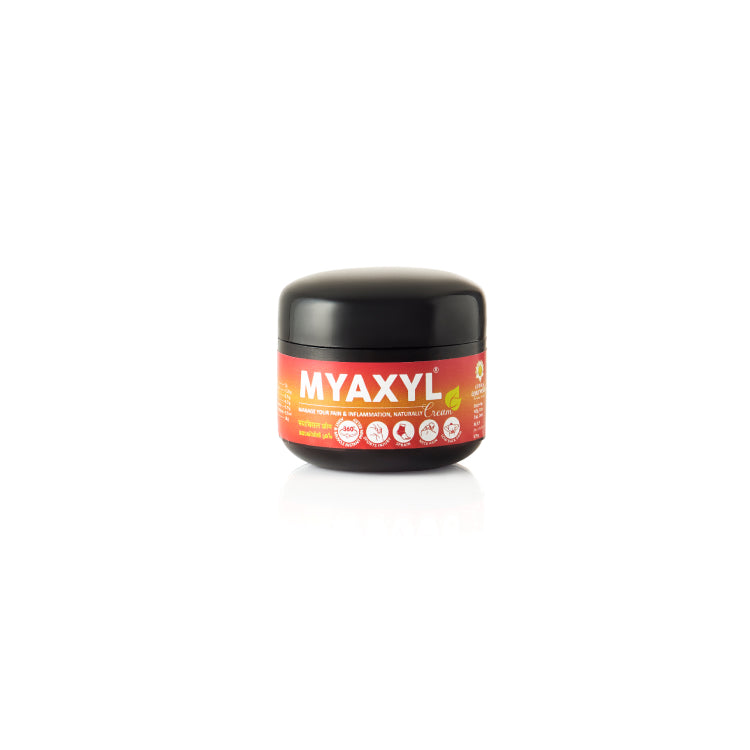 Front view of a small black jar of Kerala Ayurveda Myaxyl Cream with a red and orange label that reads "MYAXYL Cream." – Kerala Ayurveda India