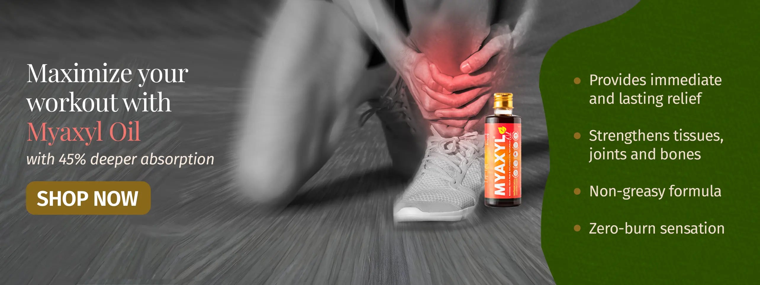 Person kneeling on a track, holding their knee with Myaxyl Oil bottle displayed nearby.
