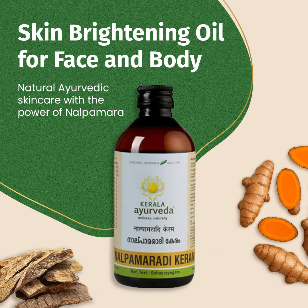 Promotional banner “Skin Brightening Oil for Face and Body” with Nalpamaradi Keram bottle, turmeric slices and nalpamara bark accents – Kerala Ayurveda India