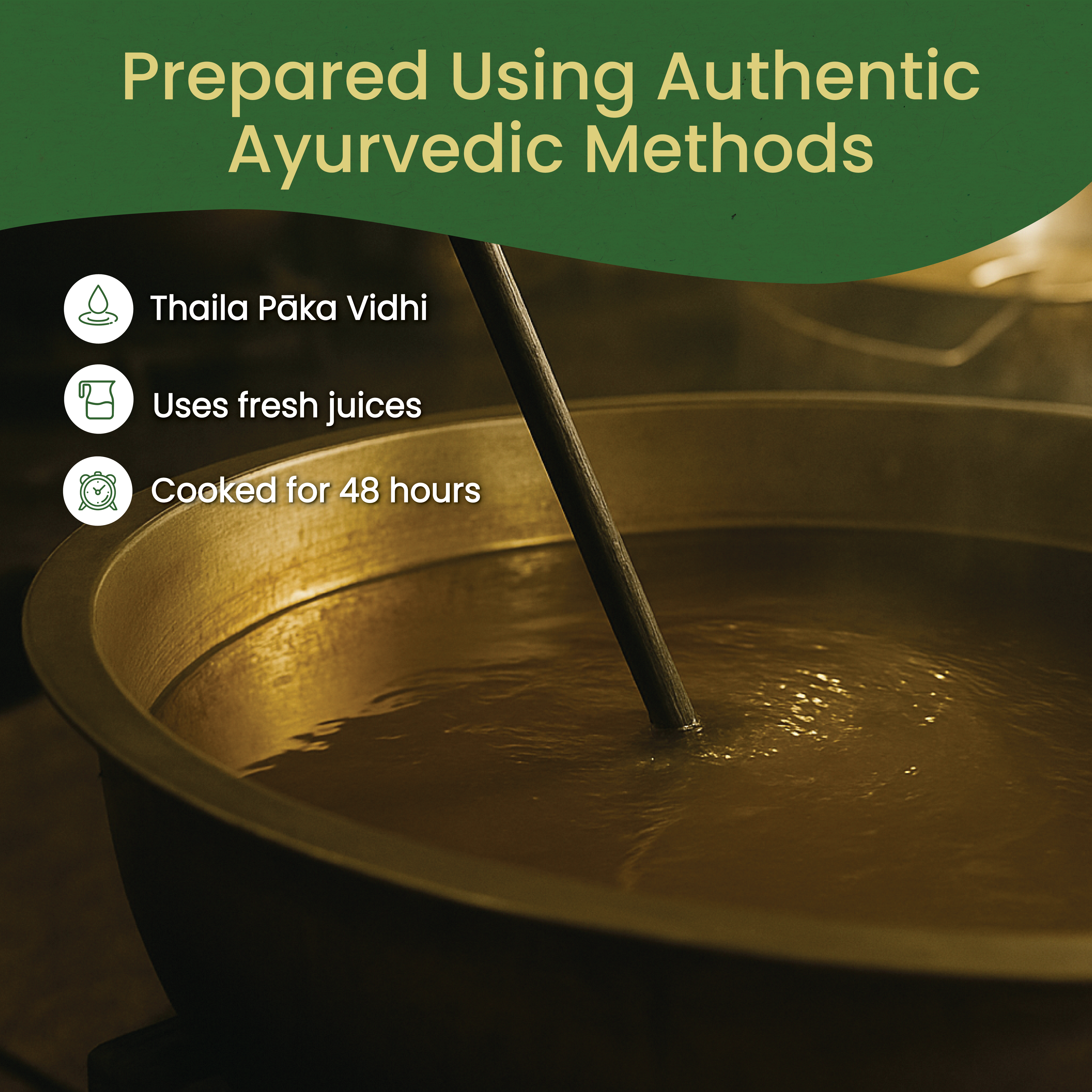 Authentic preparation of Neelibringadi Keram hair oil in a brass vessel using Thaila Paka Vidhi with fresh juices, slow-cooked for 48 hours – Kerala Ayurveda India