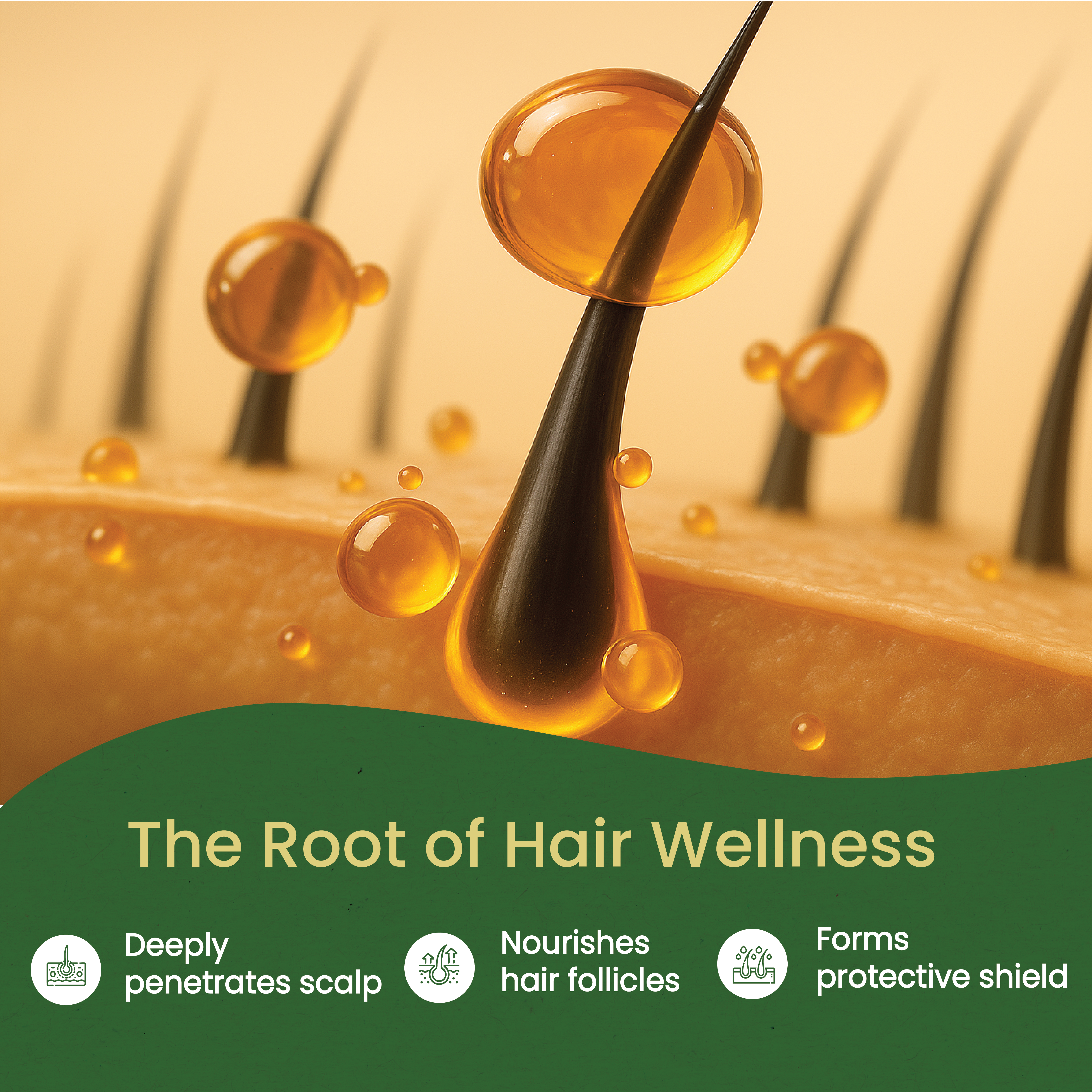 Conceptual rendering of Neelibringadi Keram oil droplets deeply penetrating the scalp, nourishing hair follicles and forming a protective shield for root-to-tip wellness – Kerala Ayurveda India