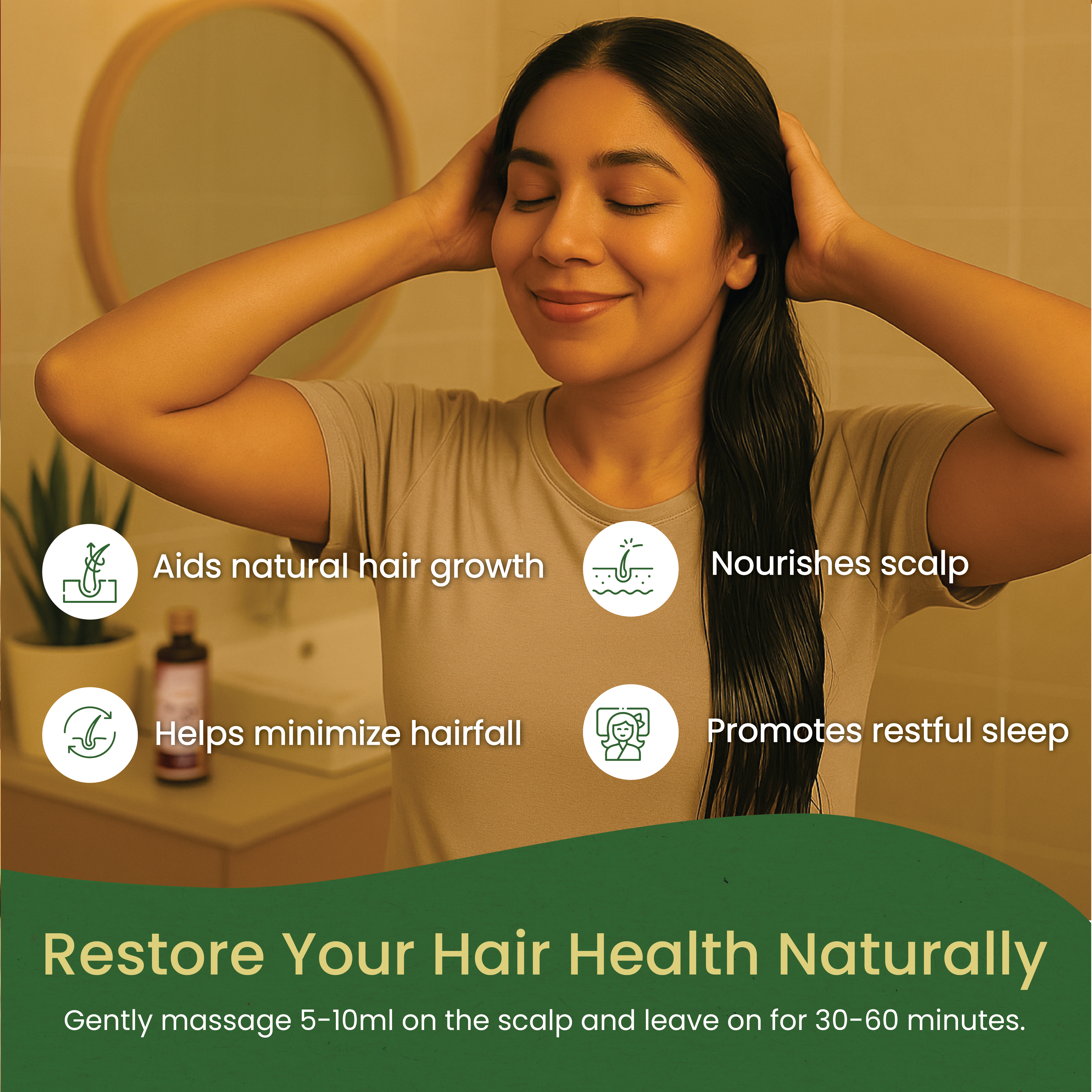 Woman applying Neelibringadi Keram hair oil, nourishing scalp, easing hair fall and supporting calm sleep – Kerala Ayurveda India