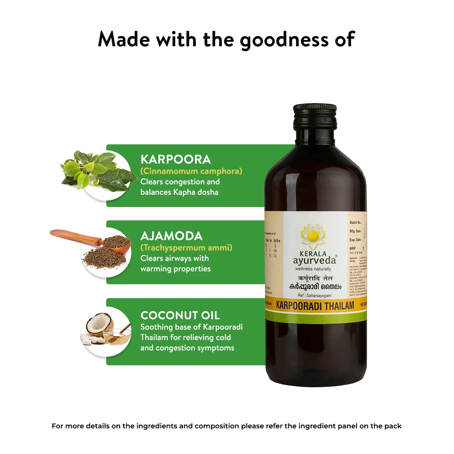 Banner titled "Made with the goodness of" Karpooradi Thailam, showcasing key ingredients like Karpoora (camphor), Ajamoda (carom seeds), and Coconut Oil, with their benefits for clearing congestion and soothing symptoms. – Kerala Ayurveda India