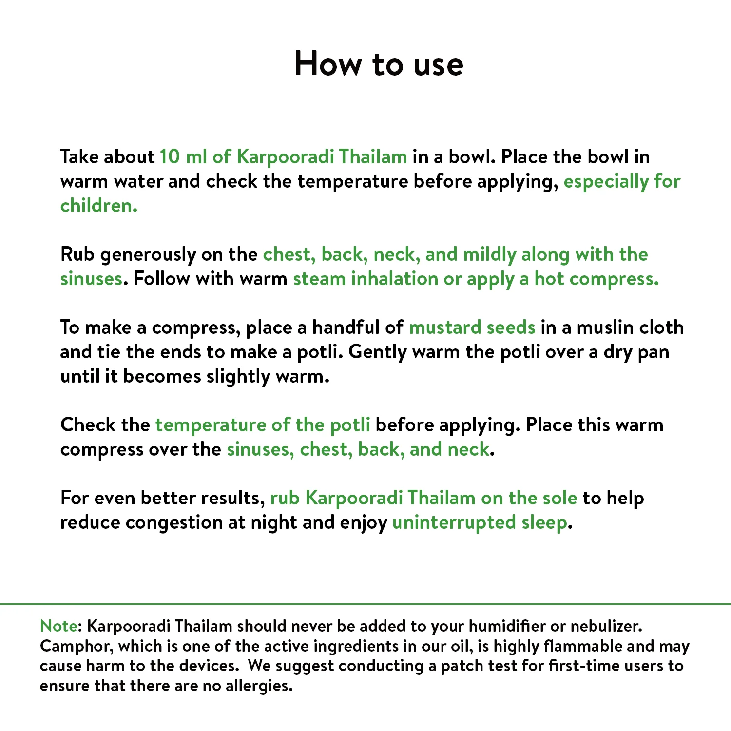 Banner titled "How to use" Karpooradi Thailam, providing detailed instructions for application on chest, back, neck, and sinuses, use with warm compresses, and note for humidifiers/nebulizers. – Kerala Ayurveda India