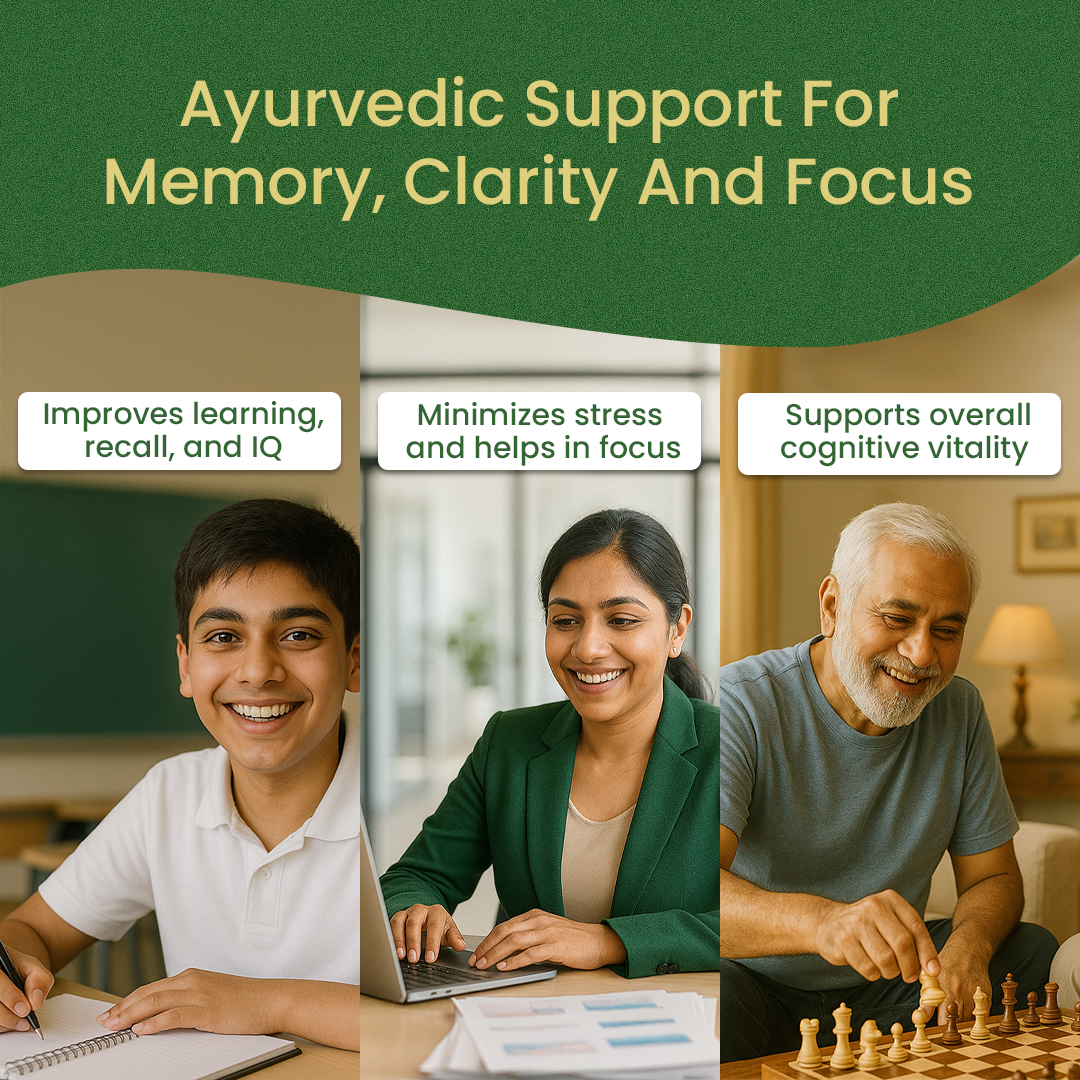 Triptych of student, professional and elder with captions for learning, focus and cognitive vitality, conveying broad-spectrum benefits of this ayurvedic brain tonic – Kerala Ayurveda India