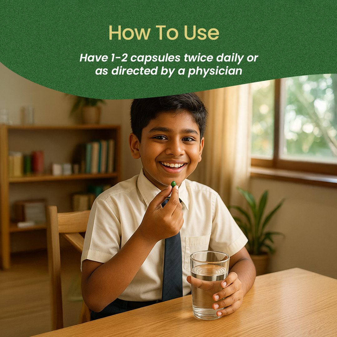 How-to-use visual of a schoolboy taking a Brahmi Pearls capsule with water, advising 1–2 brahmi capsules twice daily for cognitive wellness – Kerala Ayurveda India