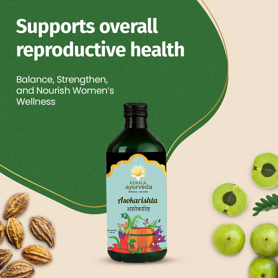 Banner promoting Asokarishta Arishtam for "overall reproductive health," featuring the product bottle surrounded by dried Haritaki and fresh Amla. It emphasizes balancing, strengthening, and nourishing women's wellness. – Kerala Ayurveda India