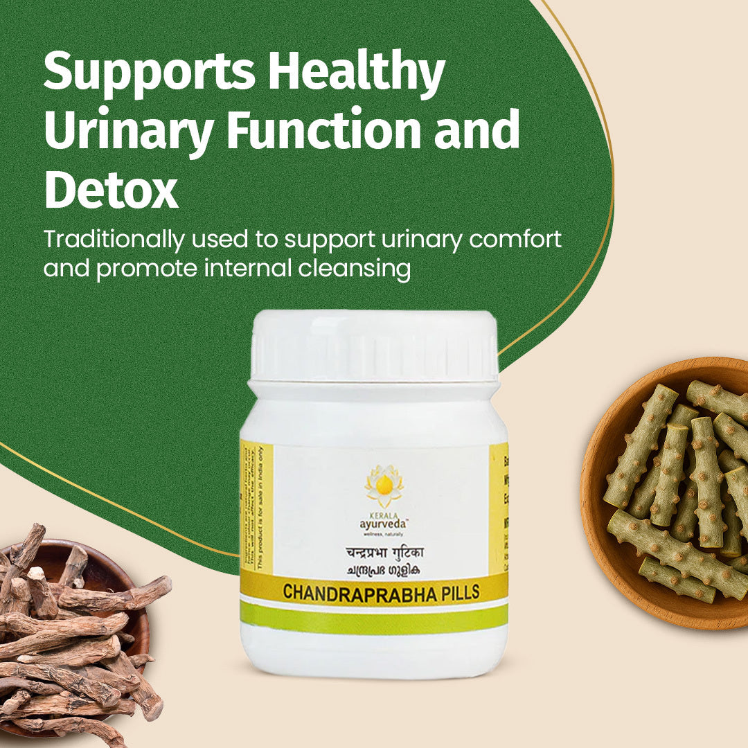 Banner image featuring the Kerala Ayurveda Chandraprabha Gulika jar surrounded by herbs, with text "Supports Healthy Urinary Function and Detox" for internal cleansing. – Kerala Ayurveda India