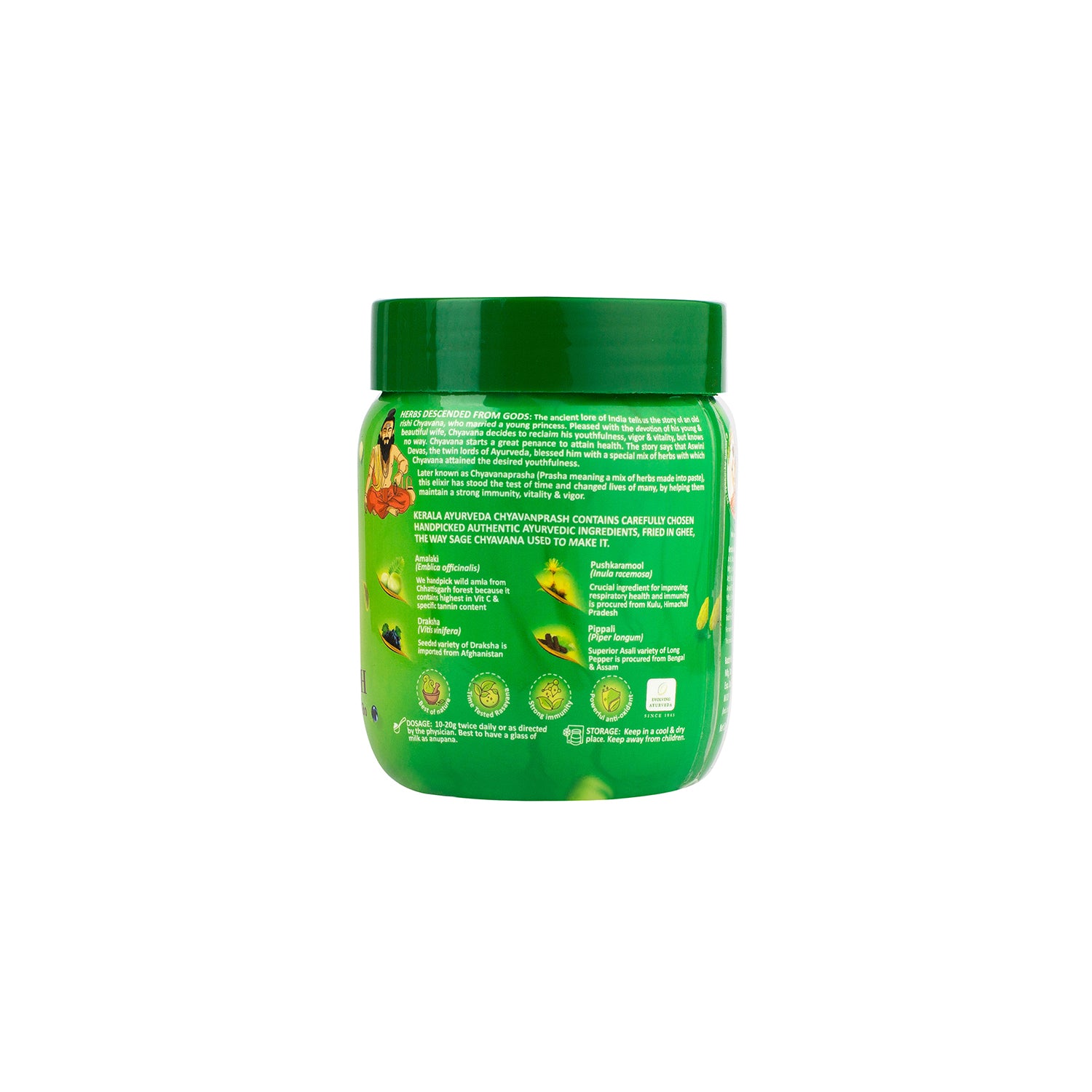 Back label of Kerala Ayurveda Chyawanprash jar showing key herbs, ingredient icons and usage notes, positioning it as the best Chyawanprash herbal immunity tonic – Kerala Ayurveda India