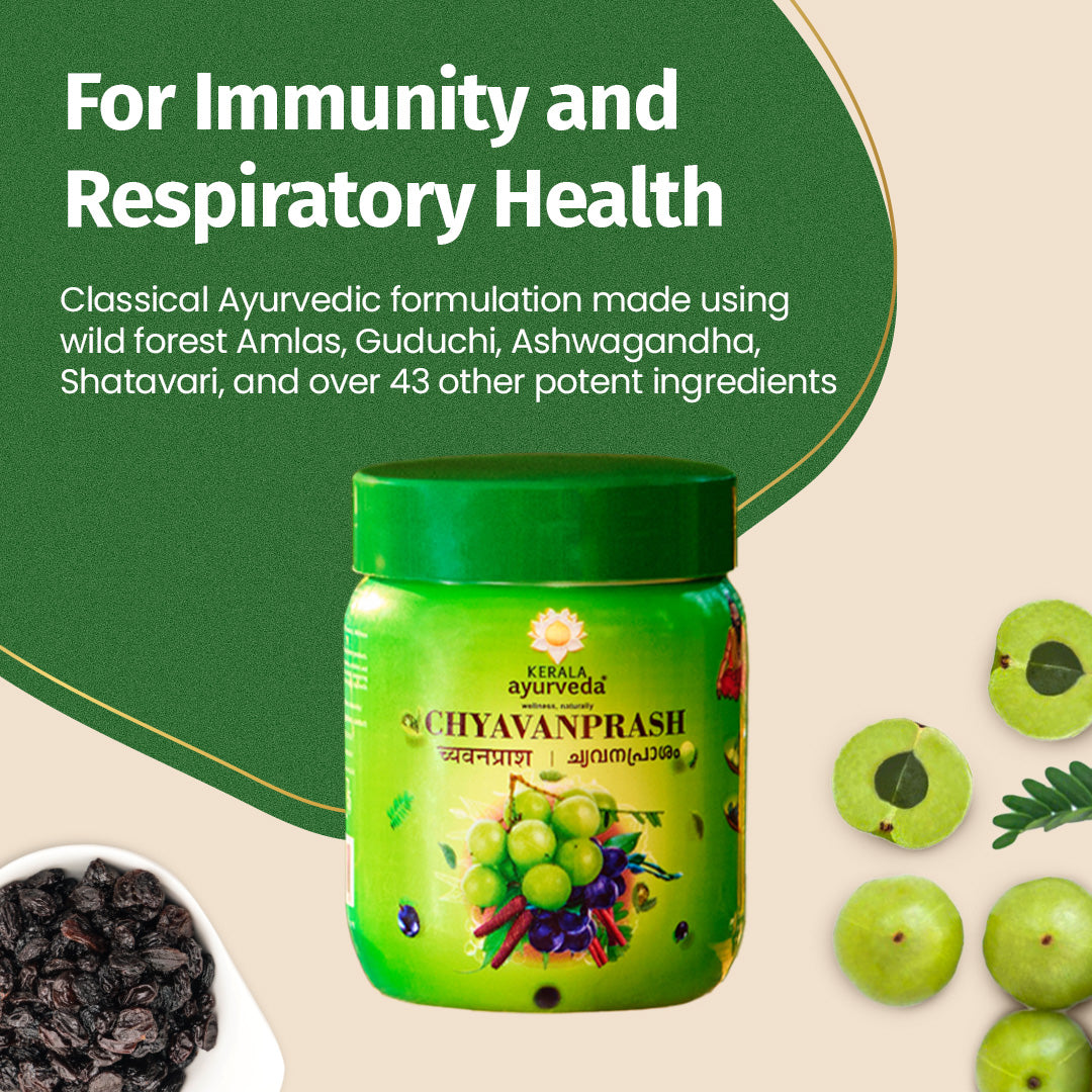 Immunity and respiratory-health banner featuring Chyawanprash jar with amla and raisins, promoting it as a daily ayurvedic herbal immunity tonic – Kerala Ayurveda India